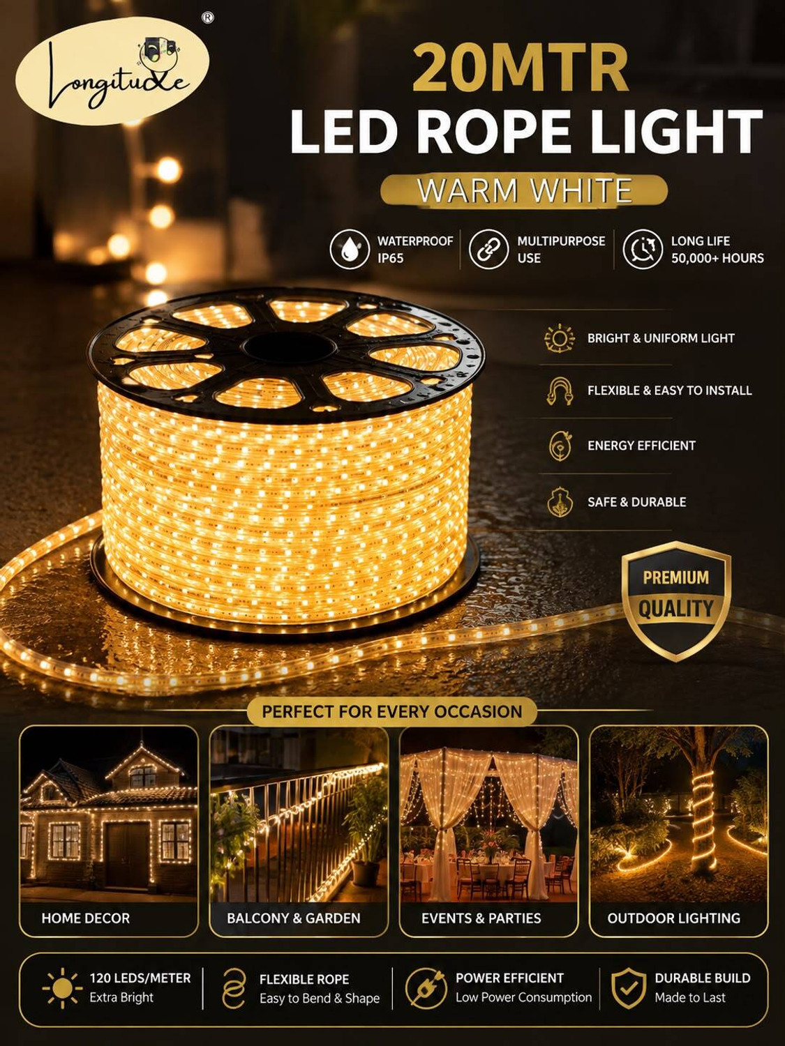 Image of Longitude 2400 LEDs 20 m Gold Steady Strip Rice Lights (Pack of 1)