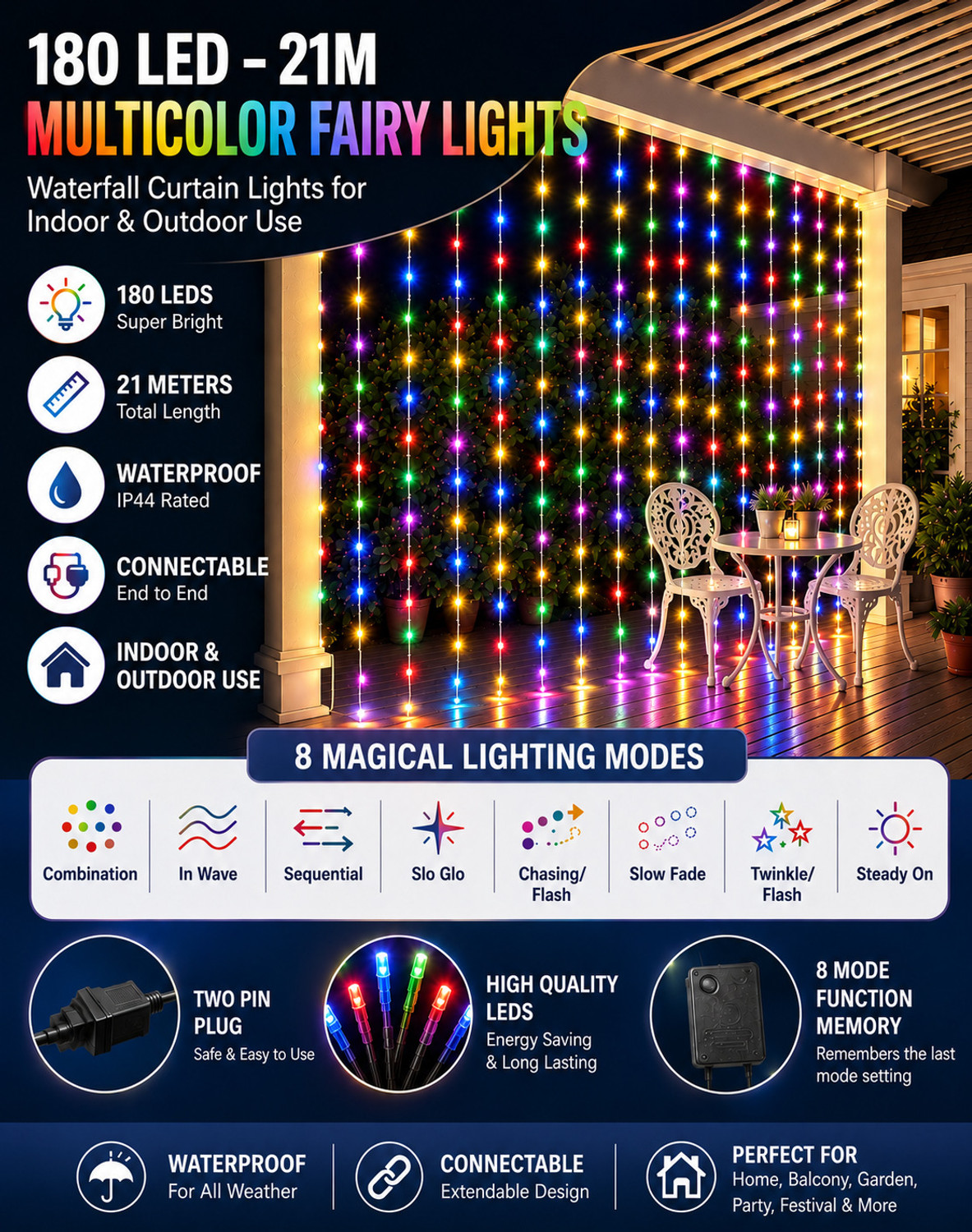 Image of ATULUX 180 LEDs 21 m Multicolor Flickering String Rice Lights (Pack of 1)
