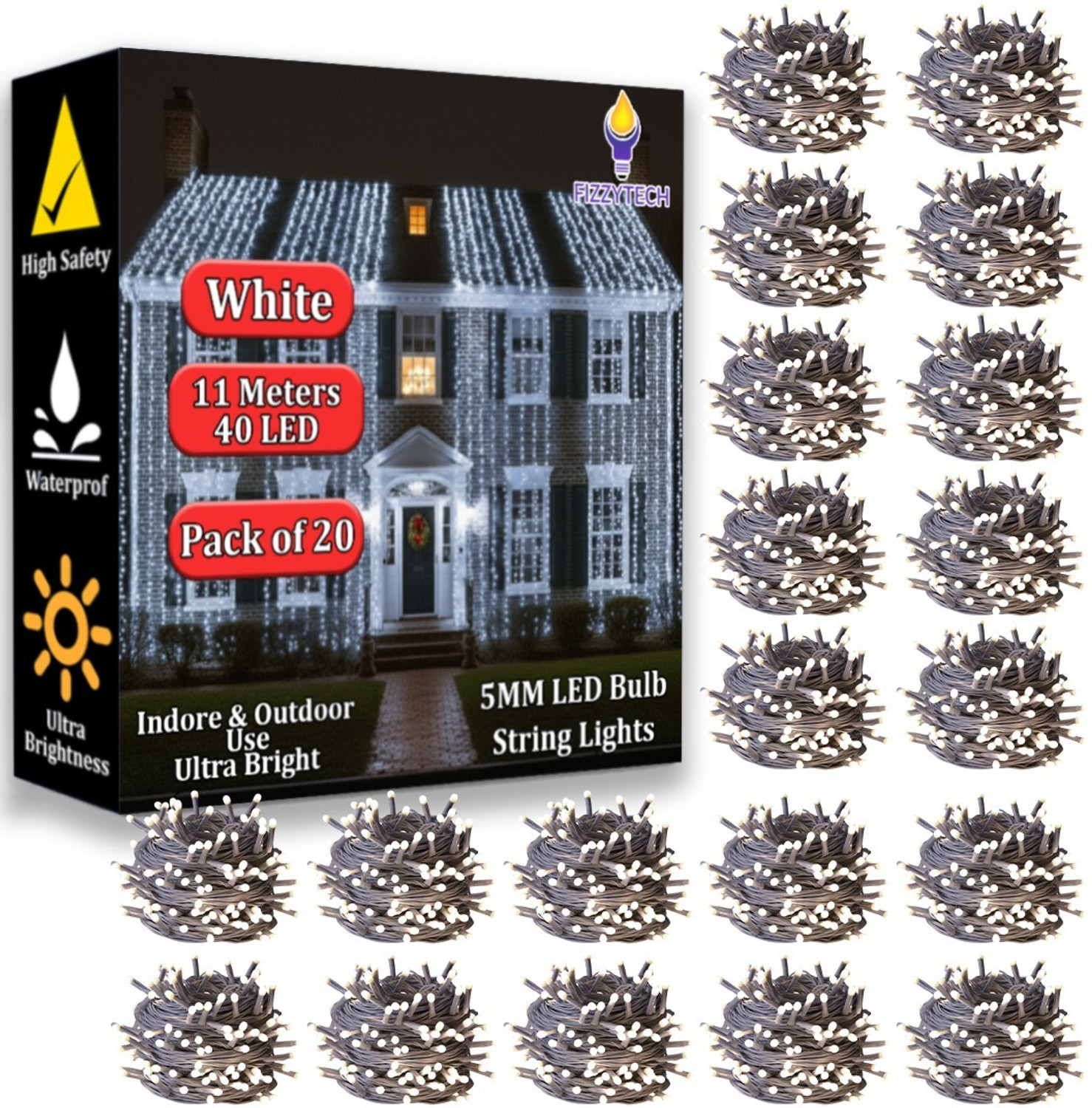 Image of FIZZYTECH 40 LEDs 11 m White Flickering String Rice Lights