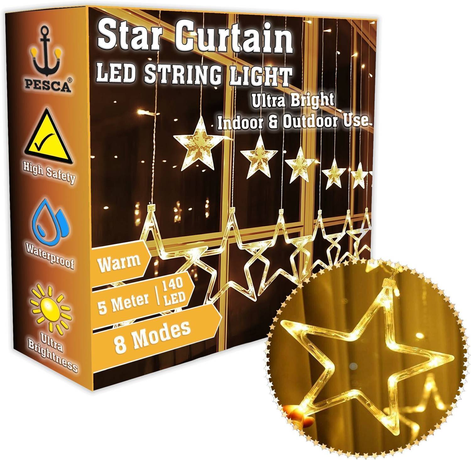 PESCA 140 LEDs 5.08 m Yellow Flickering, Steady Star Rice Lights