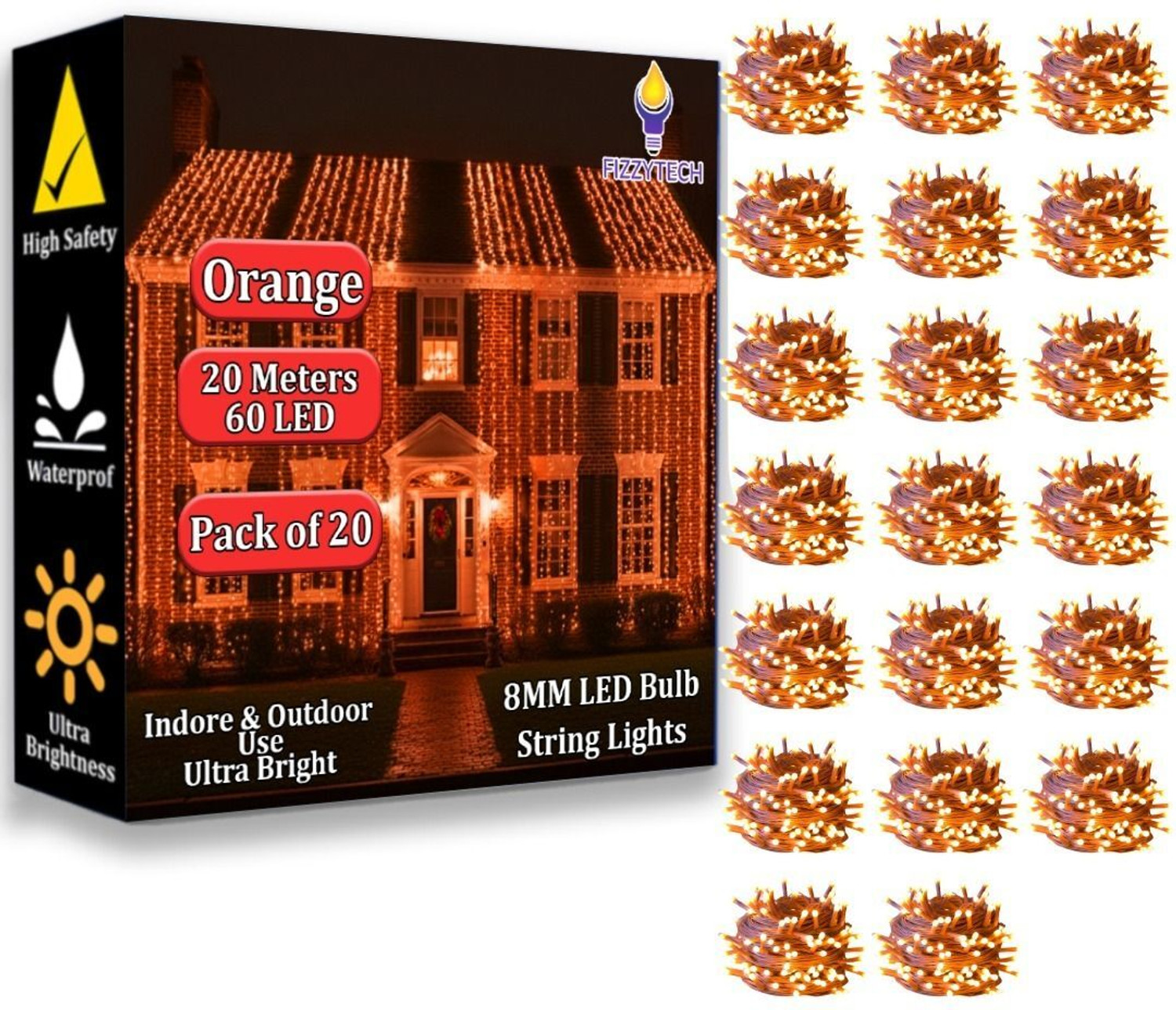 Image of FIZZYTECH 60 LEDs 20 m Orange Steady String Rice Lights