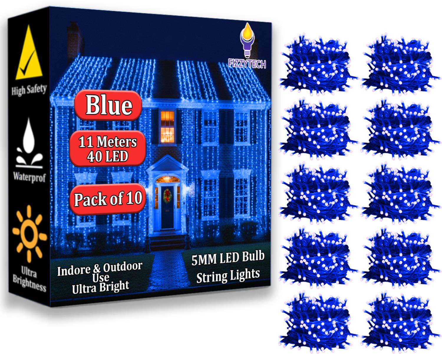 FIZZYTECH 40 LEDs 11 m Blue Steady String Rice Lights (Pack of 10