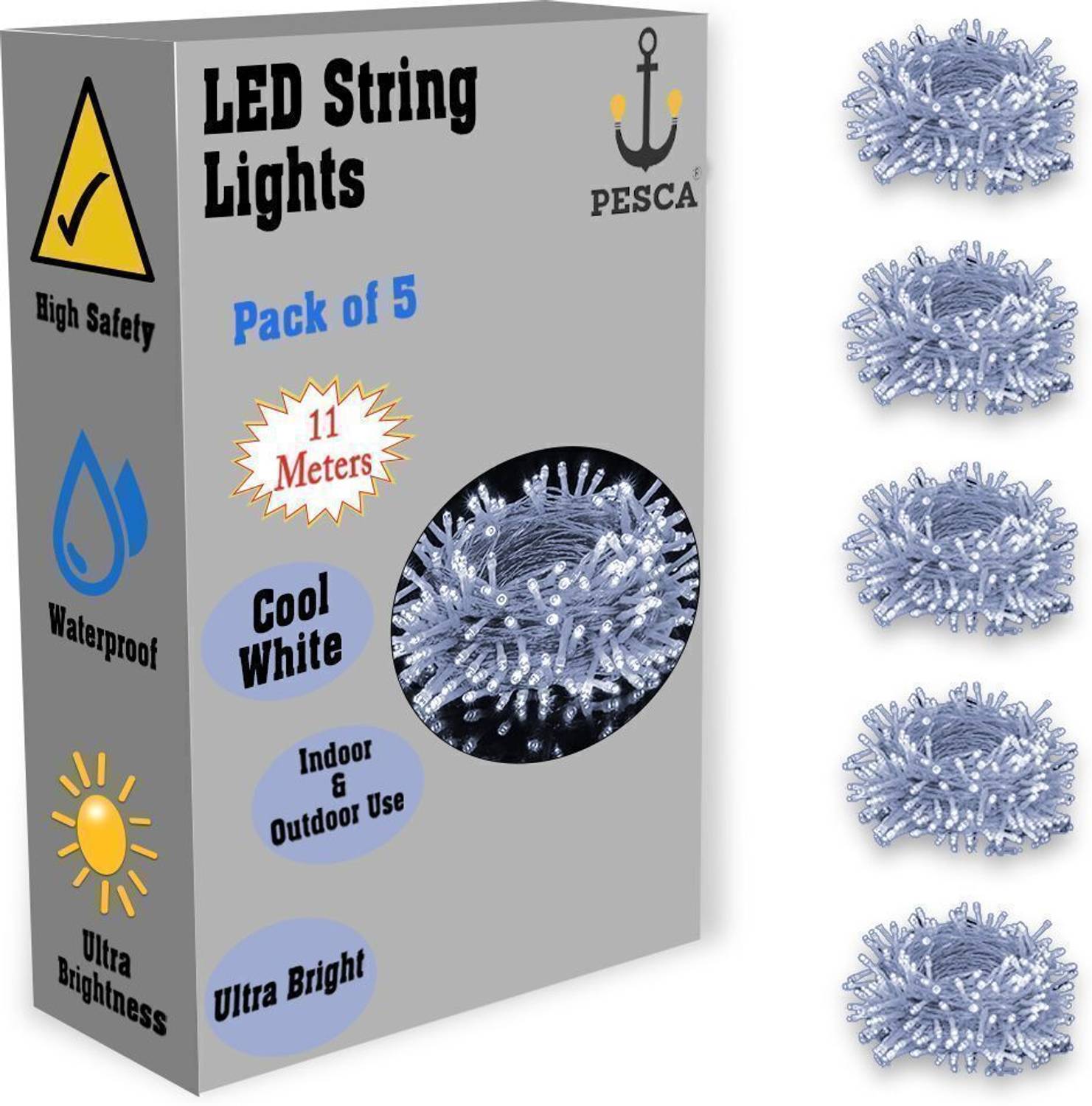 PESCA 40 LEDs 11 m White Steady String Rice Lights (Pack of 5)