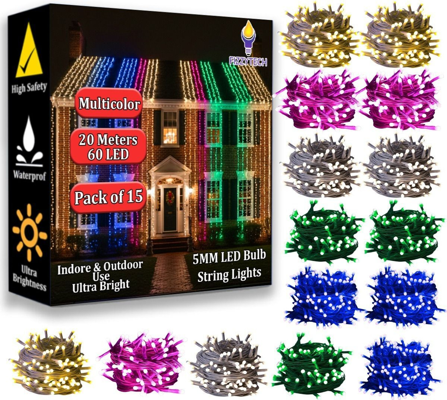 Image of FIZZYTECH 60 LEDs 20 m Multicolor Steady String Rice Lights