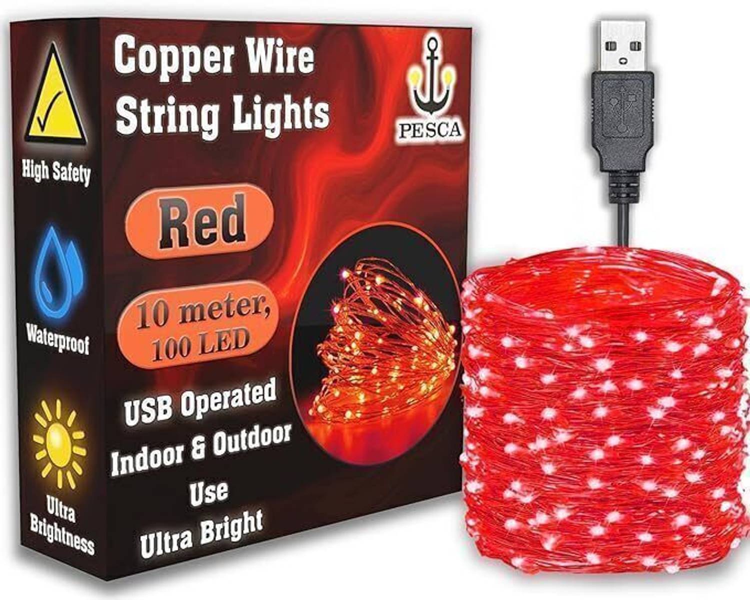 PESCA 100 LEDs 10 m Red Steady String Rice Lights (Pack of 1)