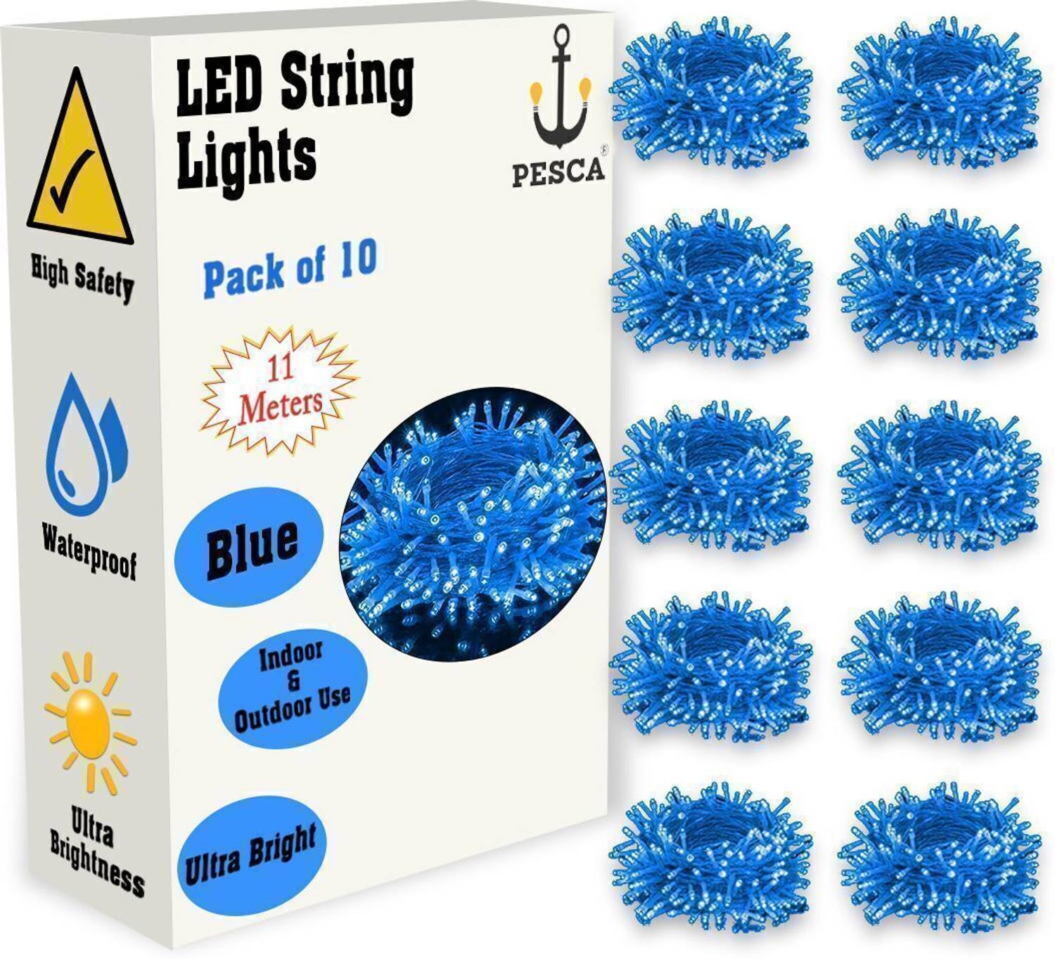 PESCA 40 LEDs 11 m Blue Steady String Rice Lights (Pack of 10)