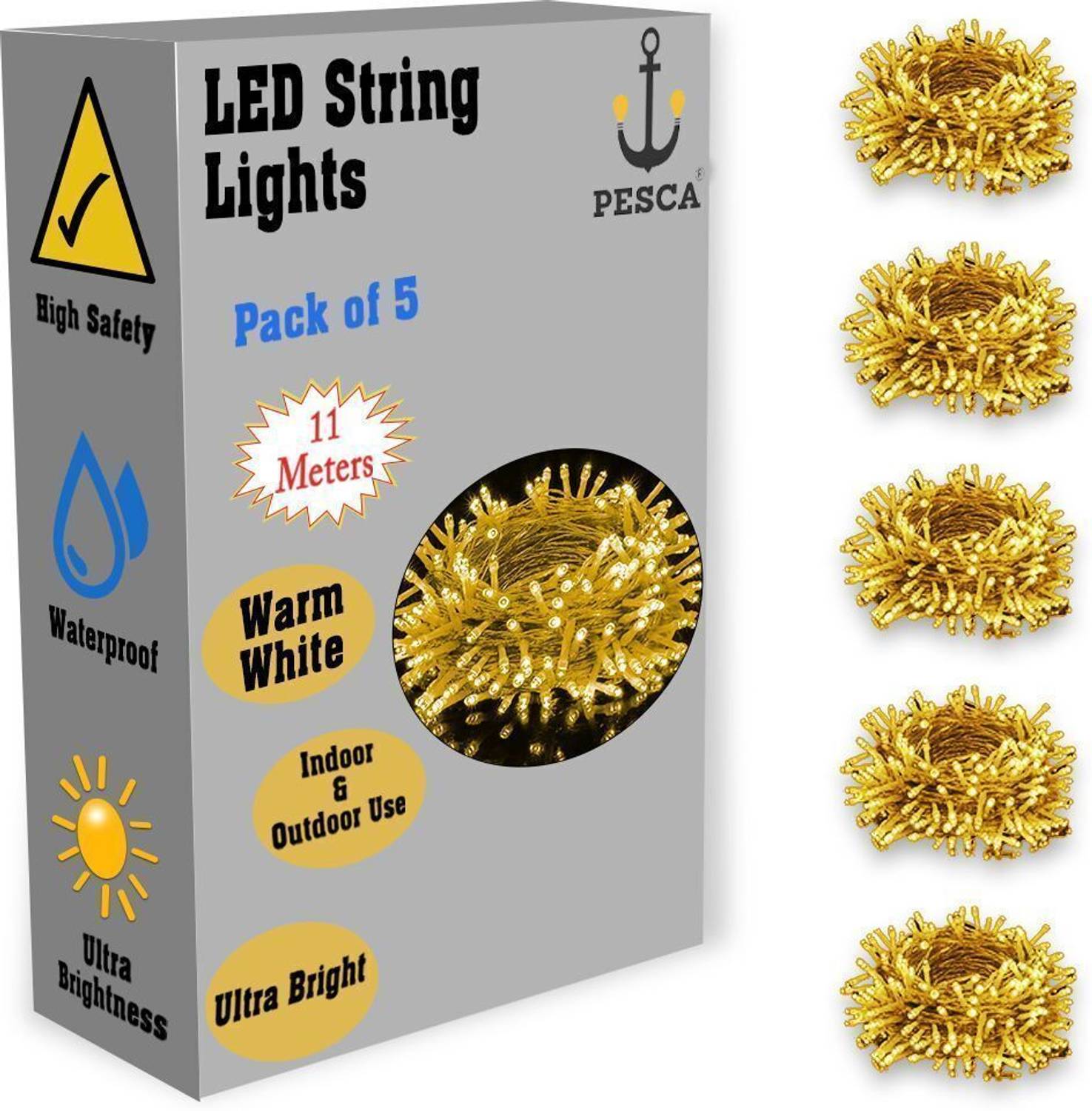 PESCA 40 LEDs 11 m Yellow Steady String Rice Lights (Pack of 5)