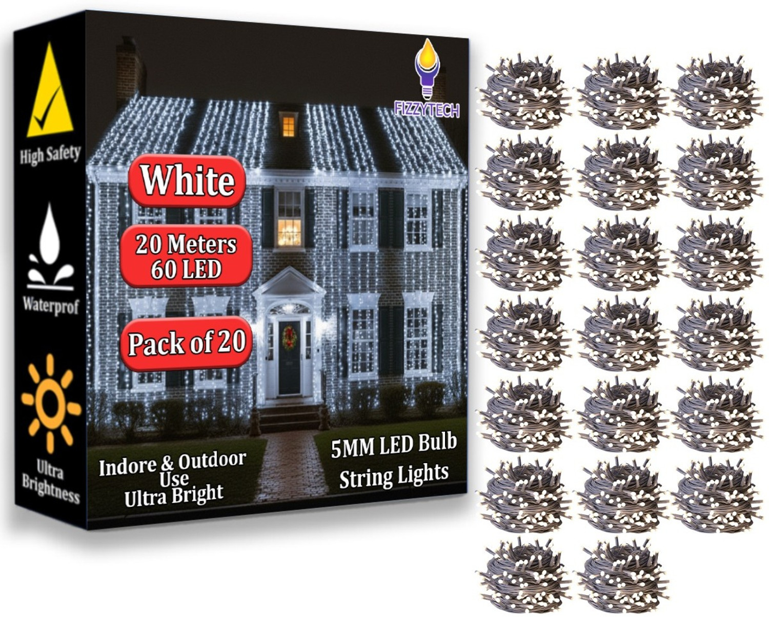 Image of FIZZYTECH 60 LEDs 20 m White Steady String Rice Lights