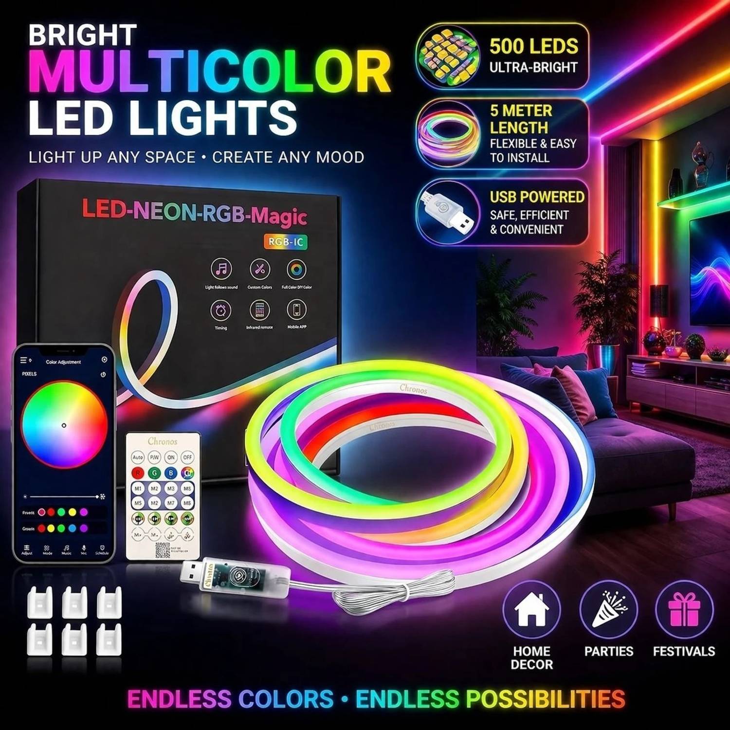 sumraj 12 LEDs 5m Multicolor Flickering Strip Lights - Image 5