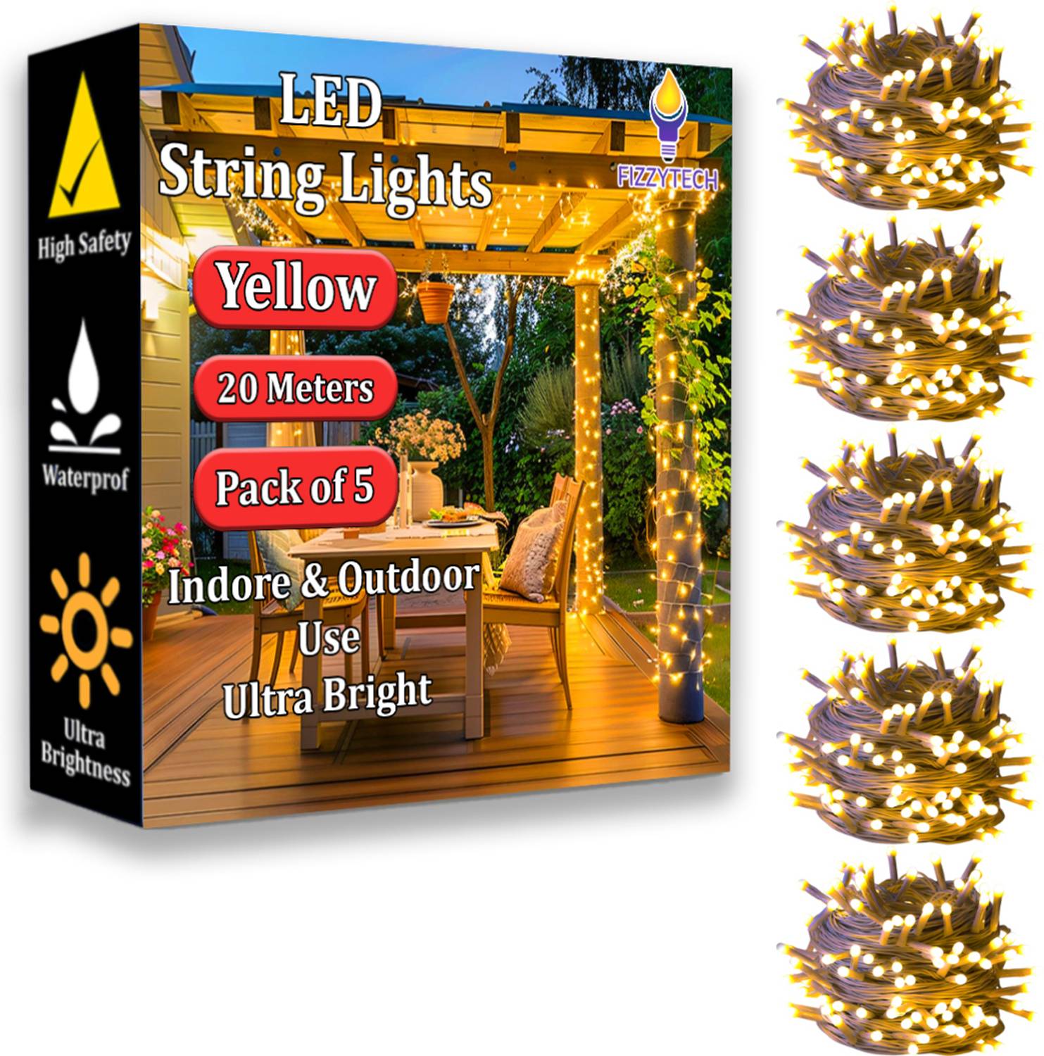 FIZZYTECH 60 LEDs 20 m Gold Steady String Rice Lights (Pack of 5)
