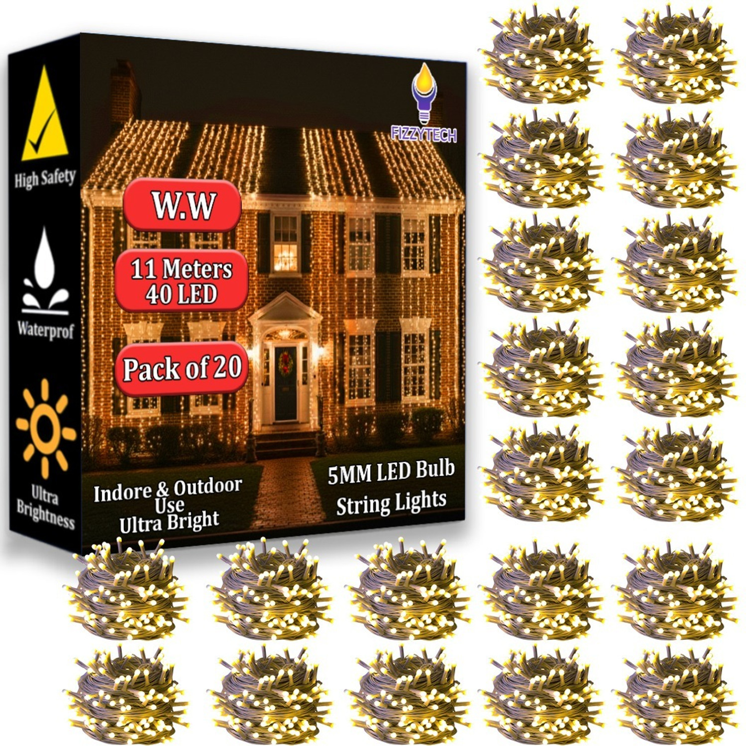 Image of FIZZYTECH 40 LEDs 11 m Yellow Flickering String Rice Lights