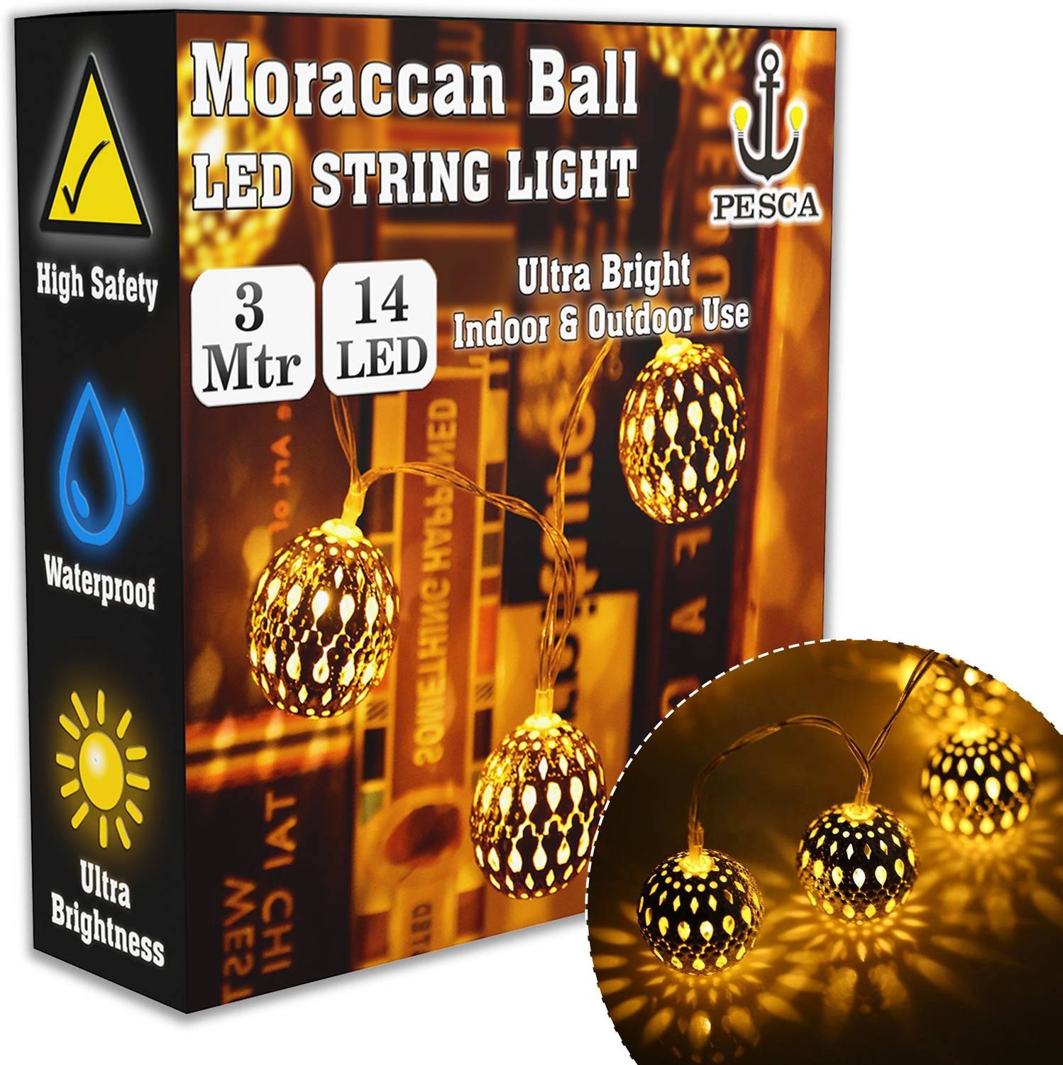 PESCA 14 LEDs 3 m Yellow Steady Ball Rice Lights (Pack of 1)