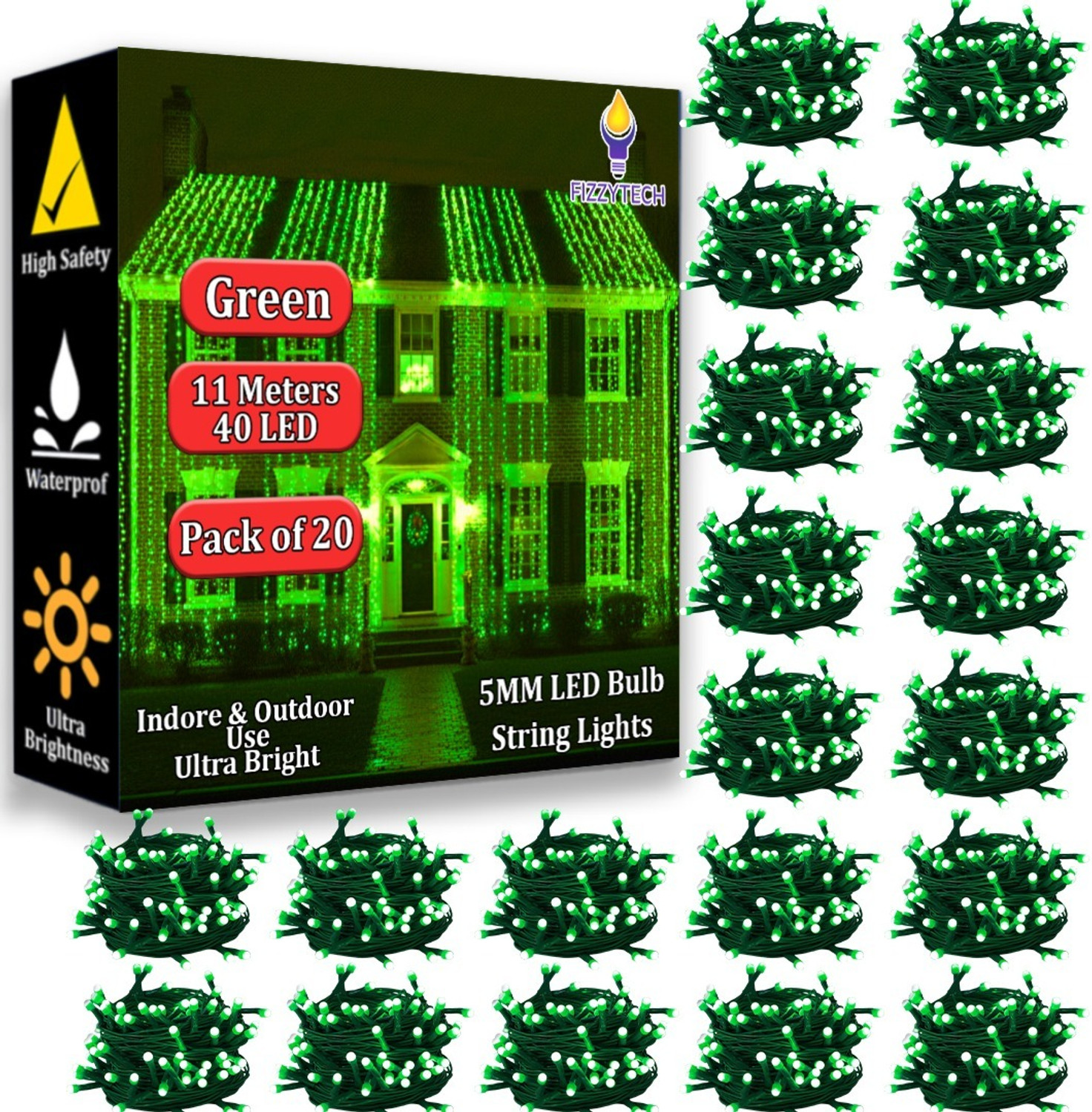 Image of FIZZYTECH 40 LEDs 11 m Green Flickering String Rice Lights