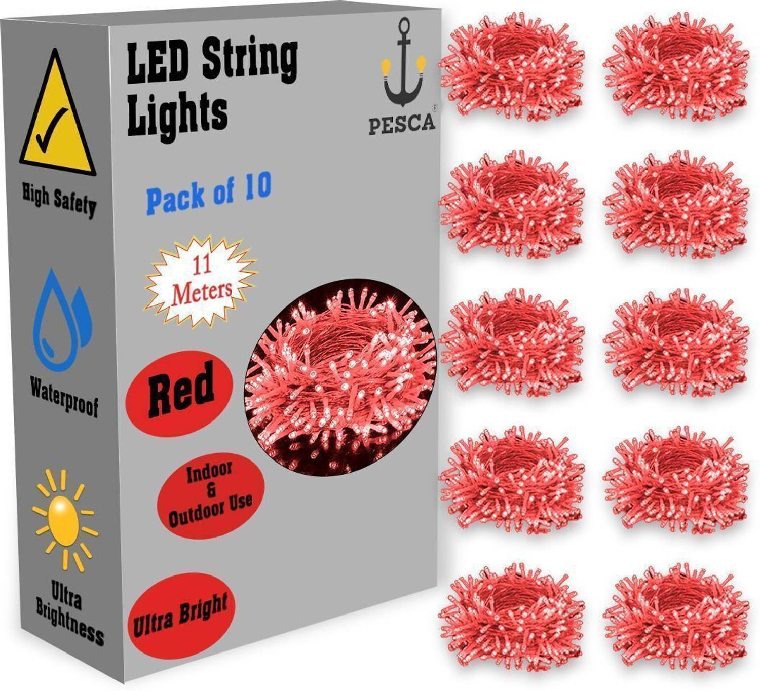 PESCA 40 LEDs 11 m Red Steady String Rice Lights (Pack of 10)