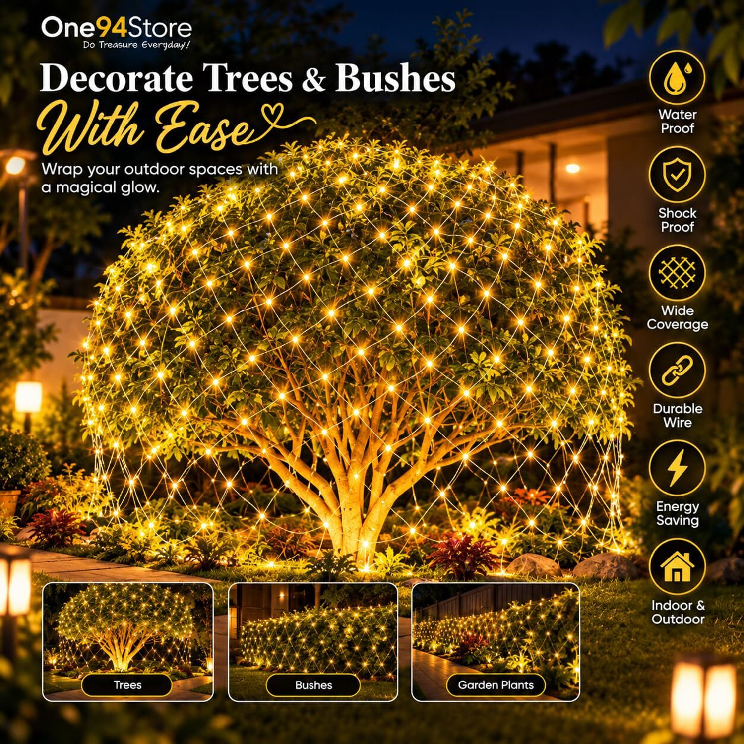 Image of One94Store 192 LEDs 3 m Yellow Flickering Net /Mesh Rice Lights (Pack of 1)