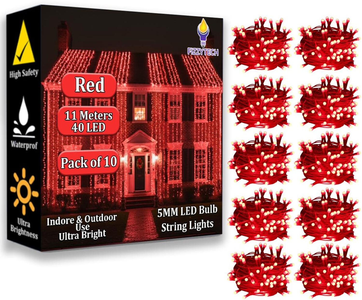 Image of FIZZYTECH 40 LEDs 11 m Red Flickering String Rice Lights
