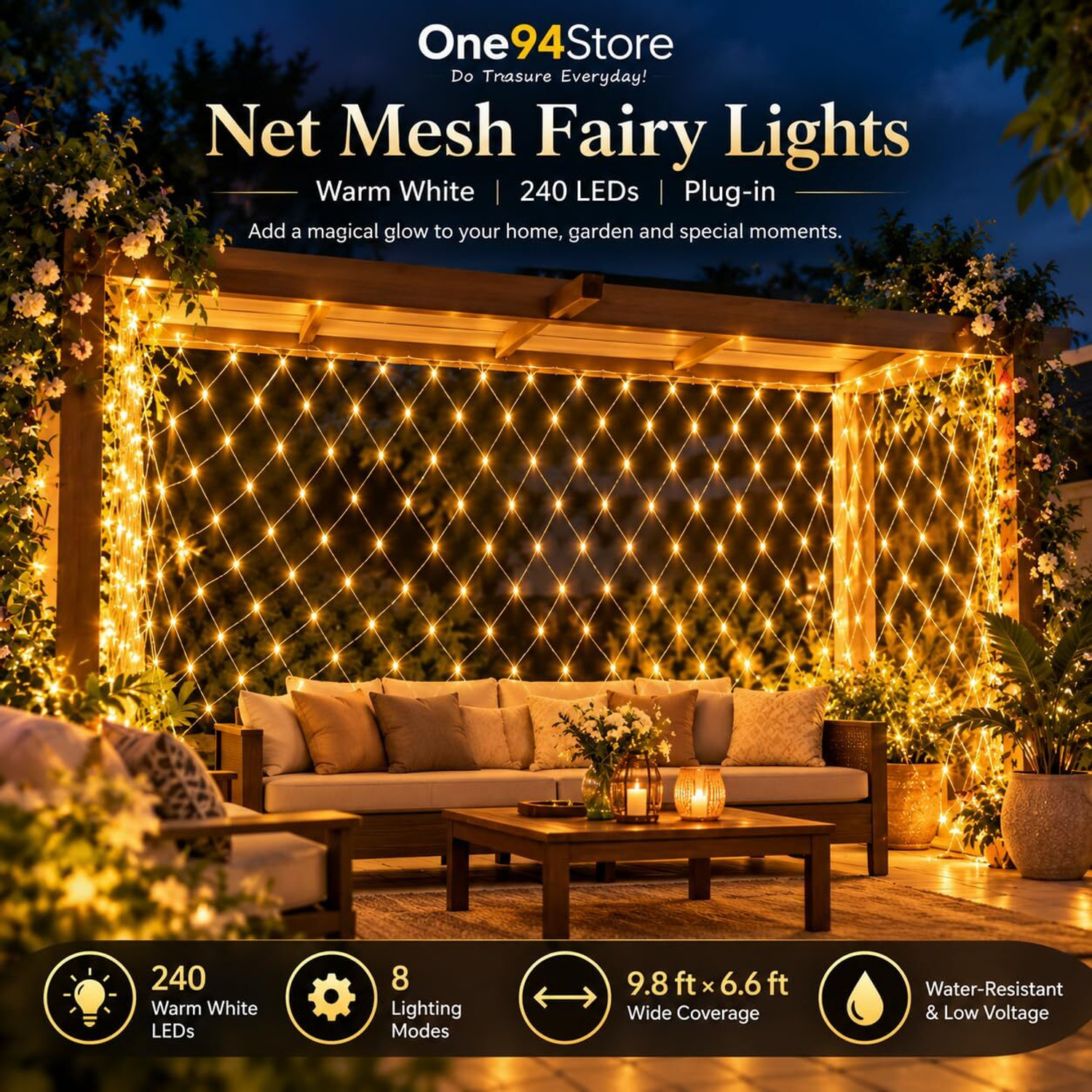 Image of One94Store 192 LEDs 3 m Yellow Flickering Net /Mesh Rice Lights (Pack of 1)