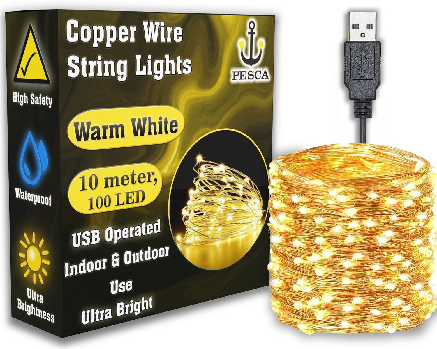 Image of PESCA 100 LEDs 9.98 m Yellow Steady String Rice Lights