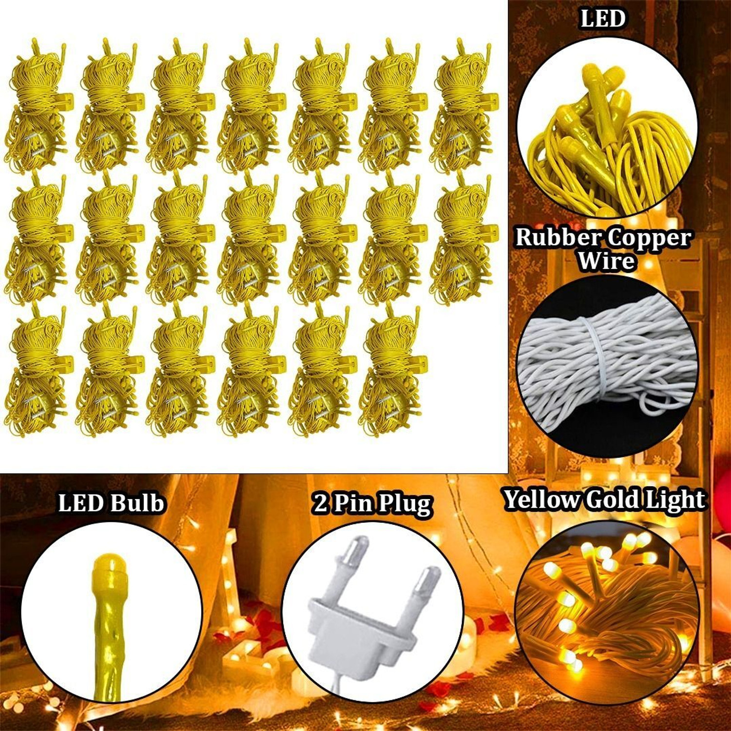 Image of FIZZYTECH 60 LEDs 20 m Gold Steady String Rice Lights