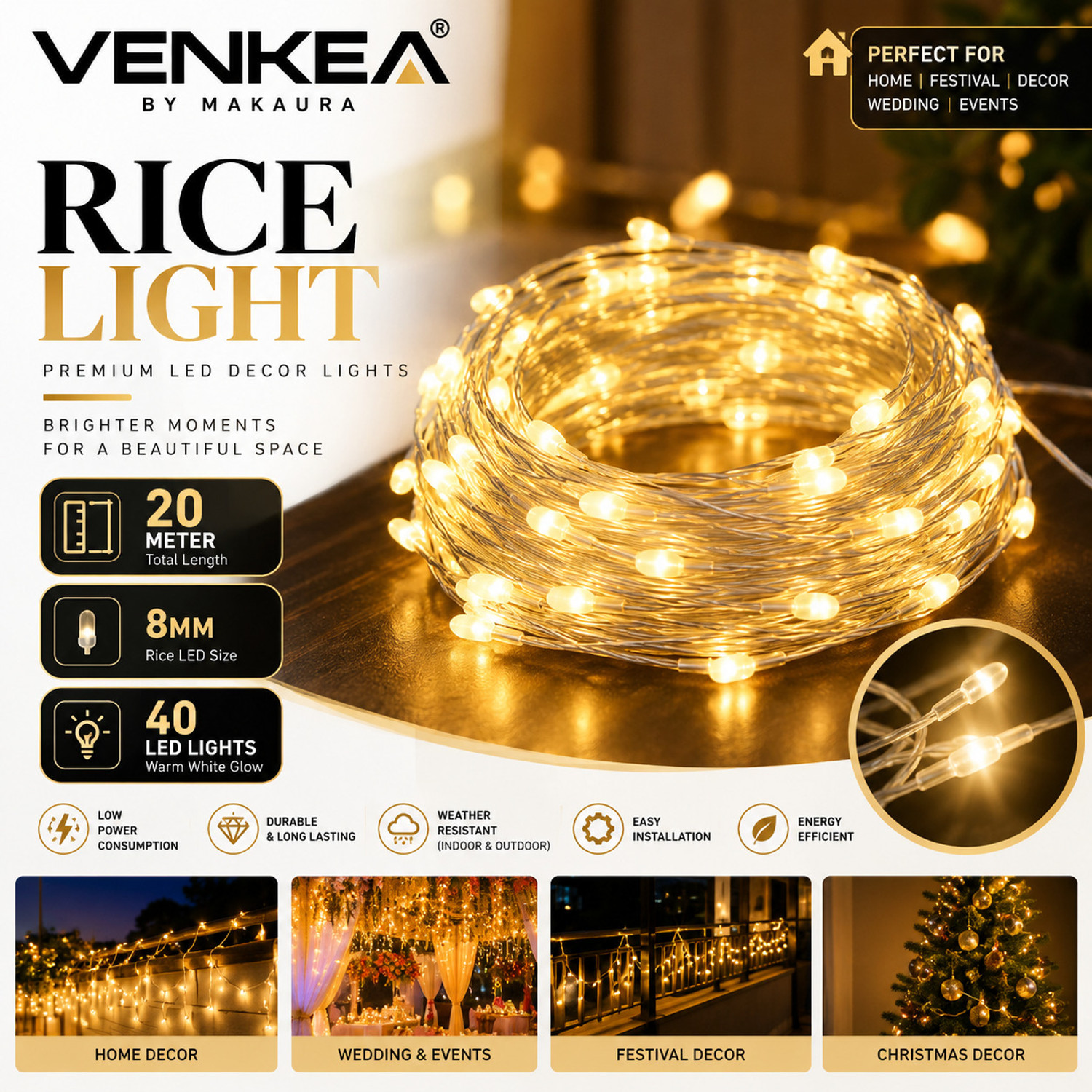 Image of Makaura 40 LEDs 20 m Yellow Steady Bottle Rice Lights (Pack of 1)