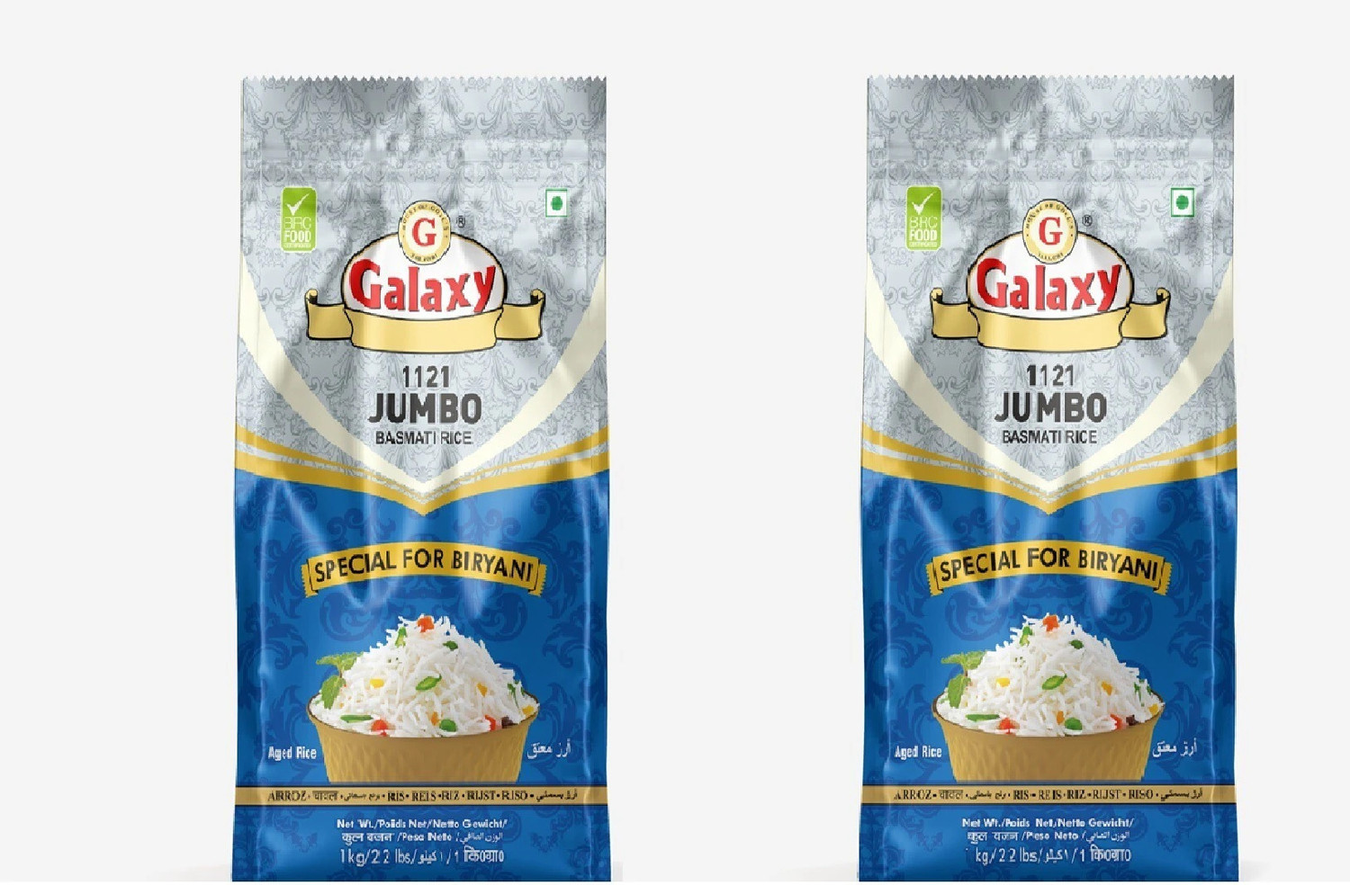 Image of GALAXY 1121 Jumbo 1 KG (Pack of 2) Aroma Rich, Vitamins B1 & B6, Gluten-Free Basmati Rice (Long Grain)