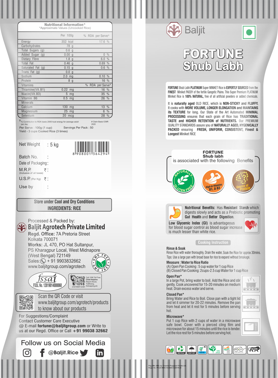 Image of FORTUNE Shub Labh Platinum Super Premium Minikit Rice (Long Grain, Unpolished)