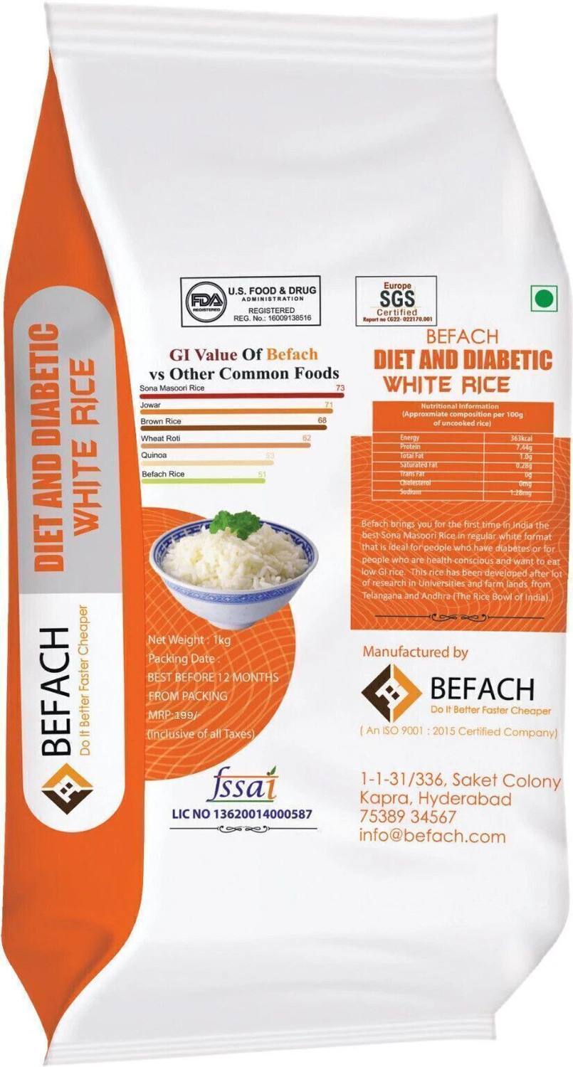 Image of Befach Fortified Low GI White Rice for Sugar Free Weight Loss Everyday Rice (Medium Grain, Polished)