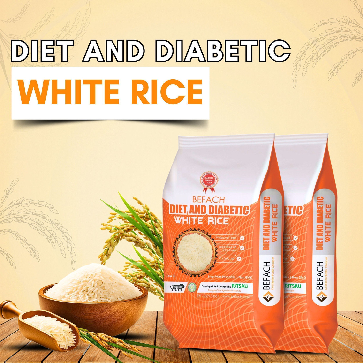 Image of Befach Fortified Low GI White Rice for Sugar Free Weight Loss Everyday Rice (Medium Grain, Polished)