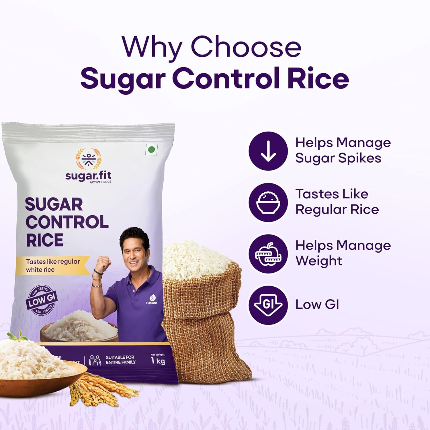 Image of Sugar.fit Sugar Control Low GI Sona Masoori Rice | Whole Grain |Supports Weight & Diabetes Sona Masoori Rice (Full Grain, Unpolished)