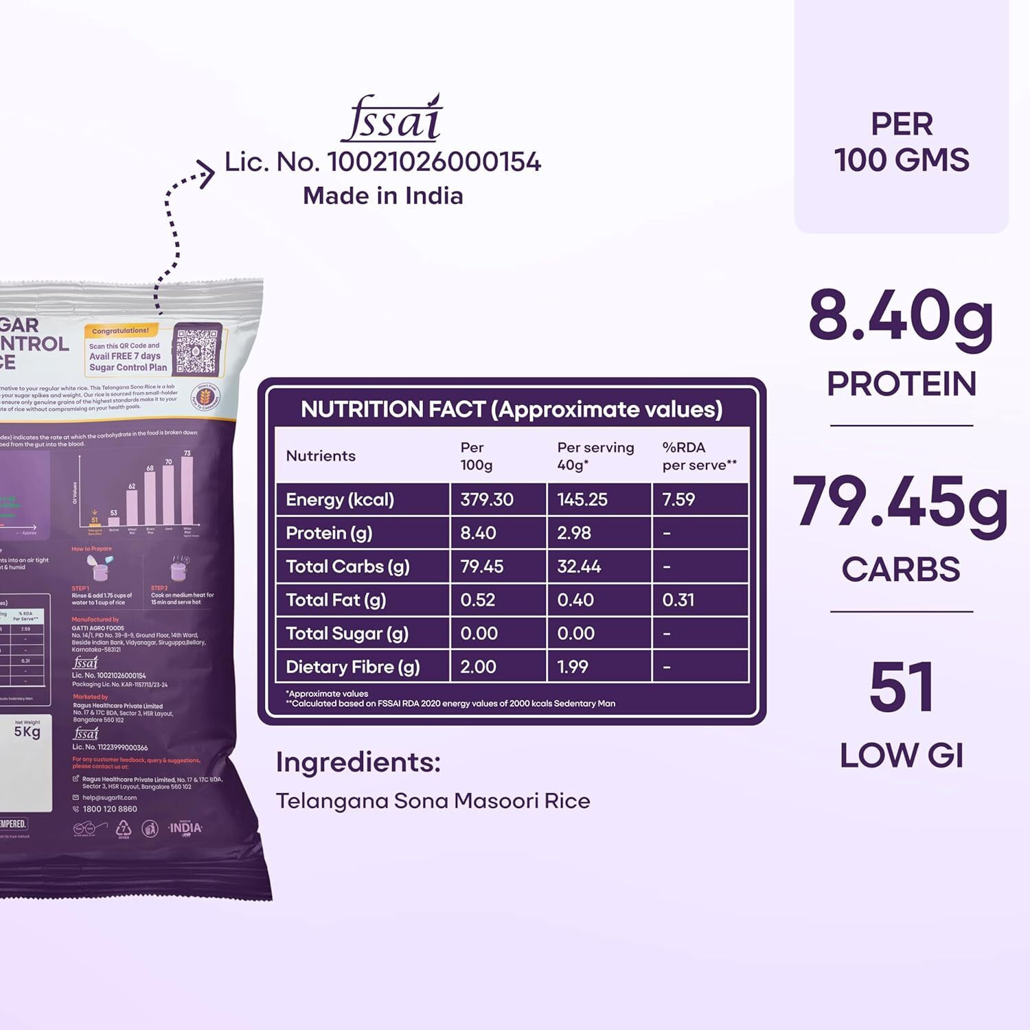 Image of Sugar.fit Sugar Control Low GI Sona Masoori Rice | Whole Grain |Supports Weight & Diabetes Sona Masoori Rice (Full Grain, Unpolished)