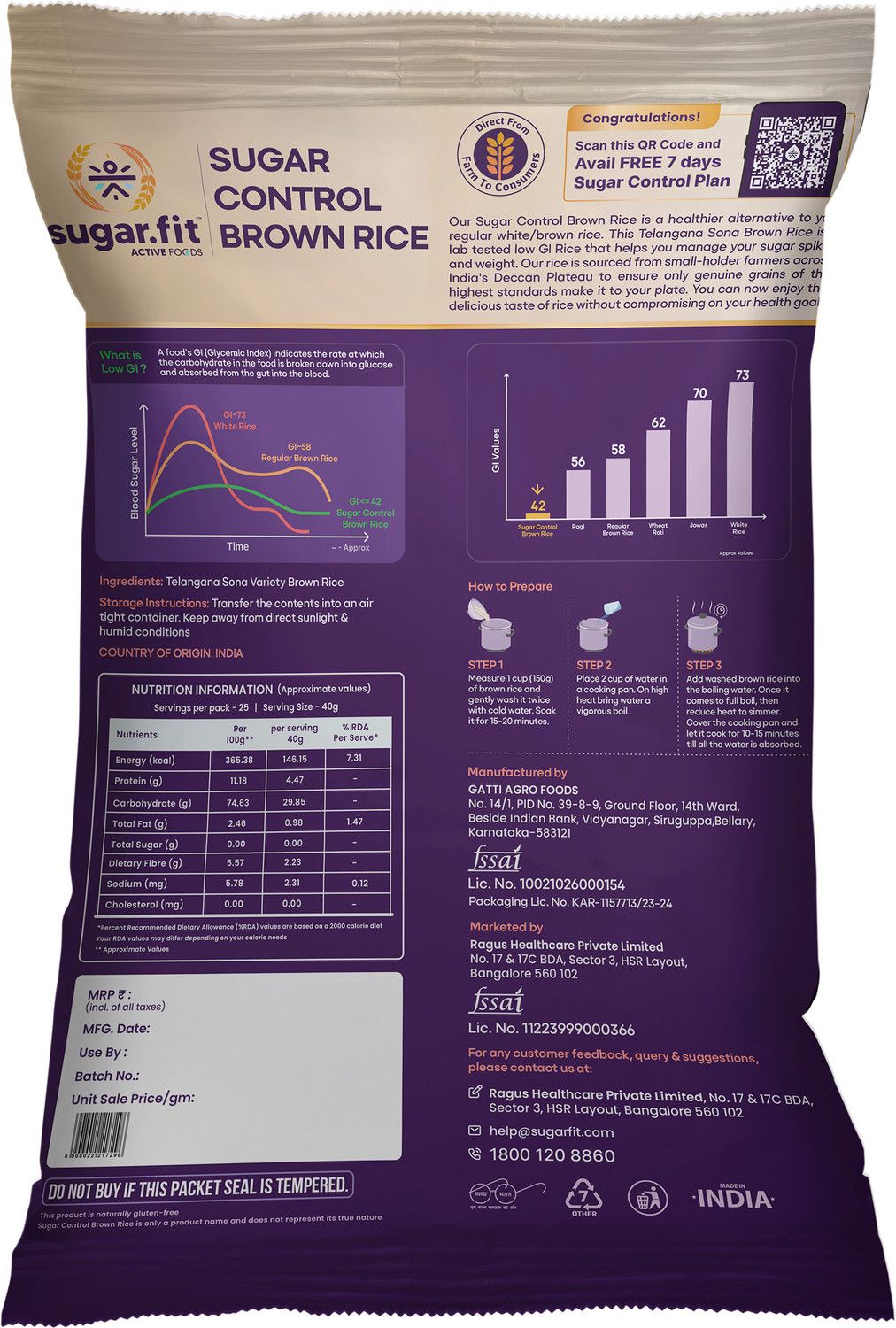 Image of Sugar.fit Sugar Control Low GI Brown Rice | High Fiber | 100% Organic | Diabetes Friendly Brown Sona Masoori Rice (Full Grain, Unpolished) (1 kg)