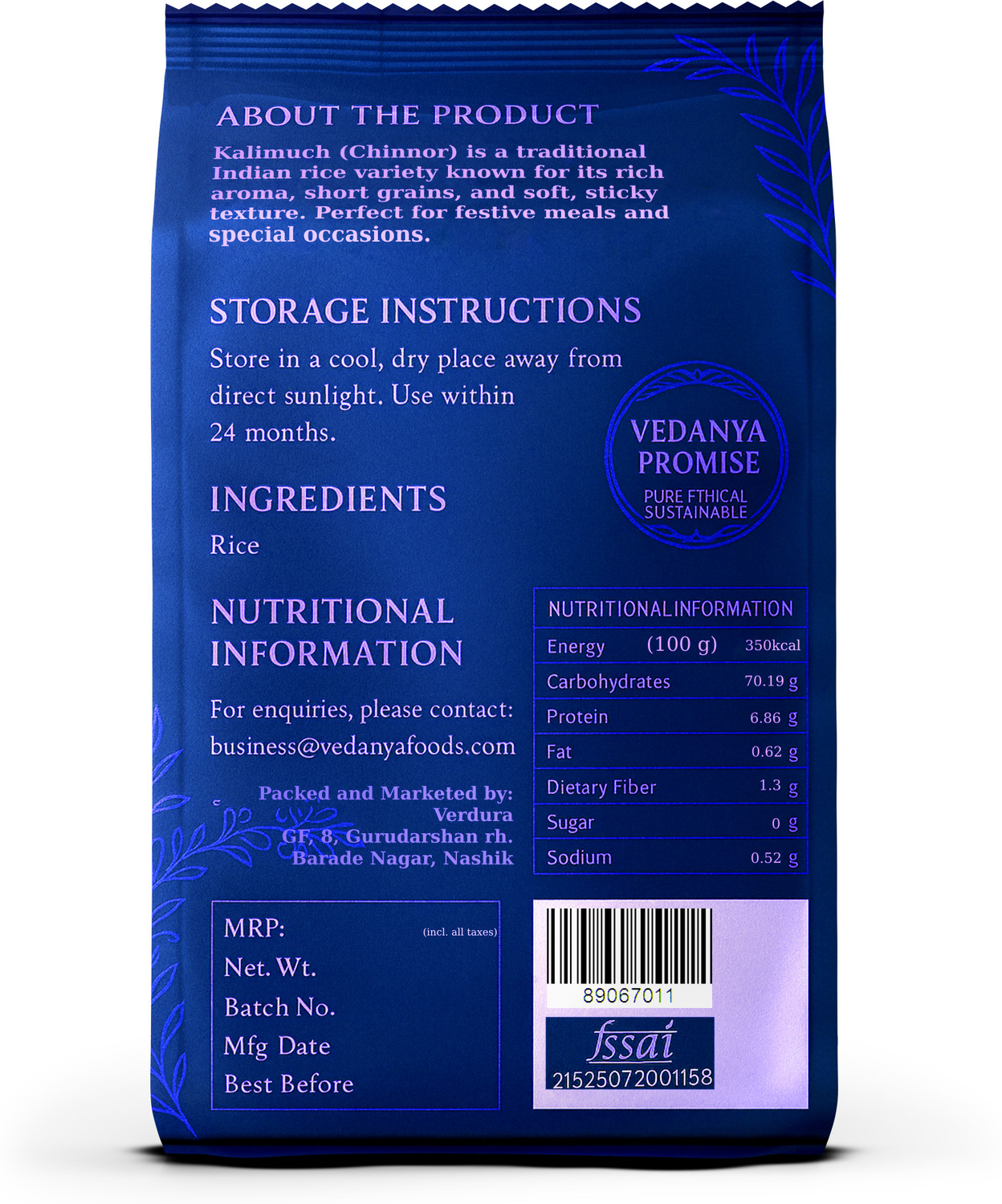 Image of Vedanya Chinnor (Kali Mooch) Rice - Premium Fragrant Grain | Perfect for Pulav & Curries Kalimuch Rice (Medium Grain)