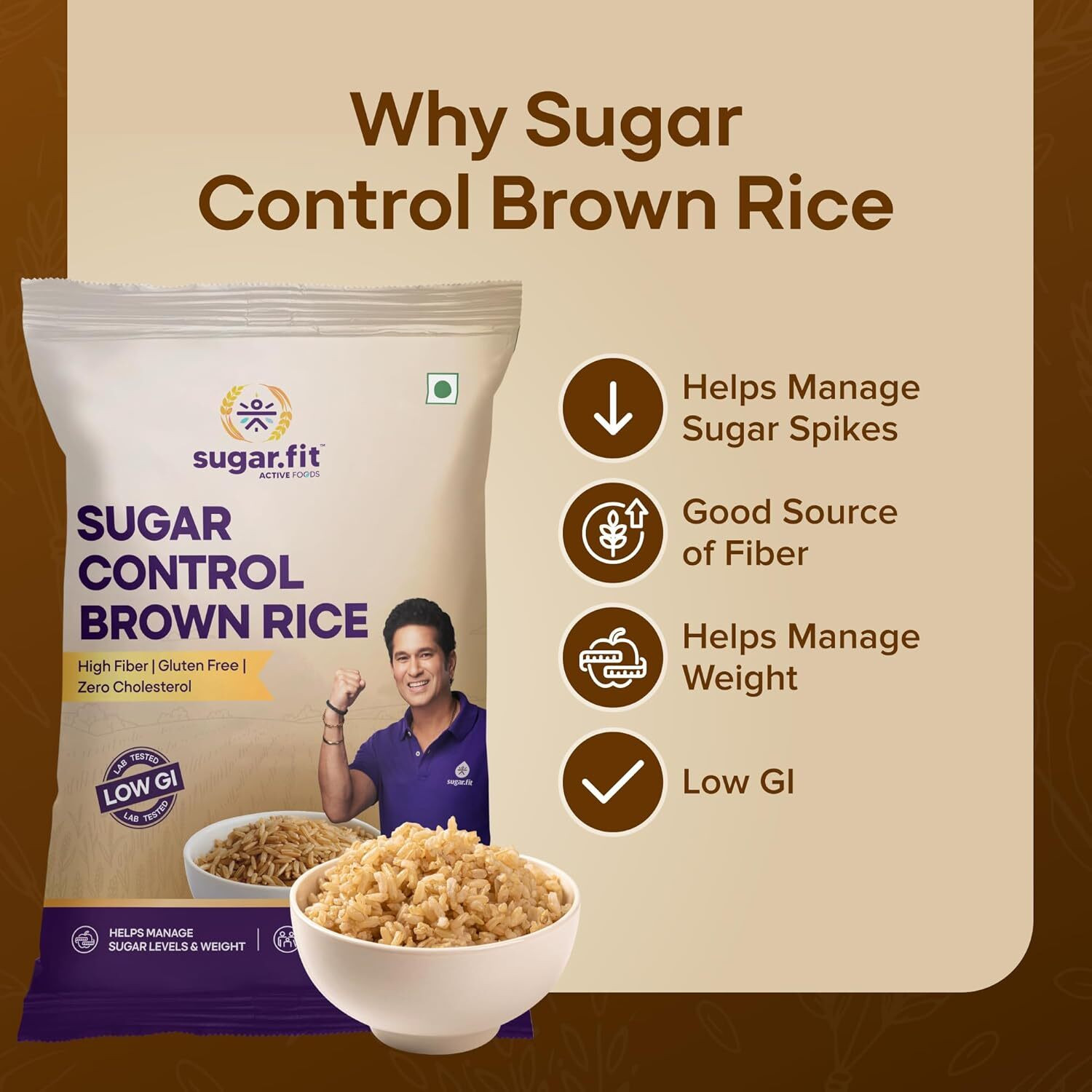 Image of Sugar.fit Sugar Control Low GI Brown Rice | High Fiber | 100% Organic | Diabetes Friendly Brown Sona Masoori Rice (Full Grain, Unpolished) (1 kg)