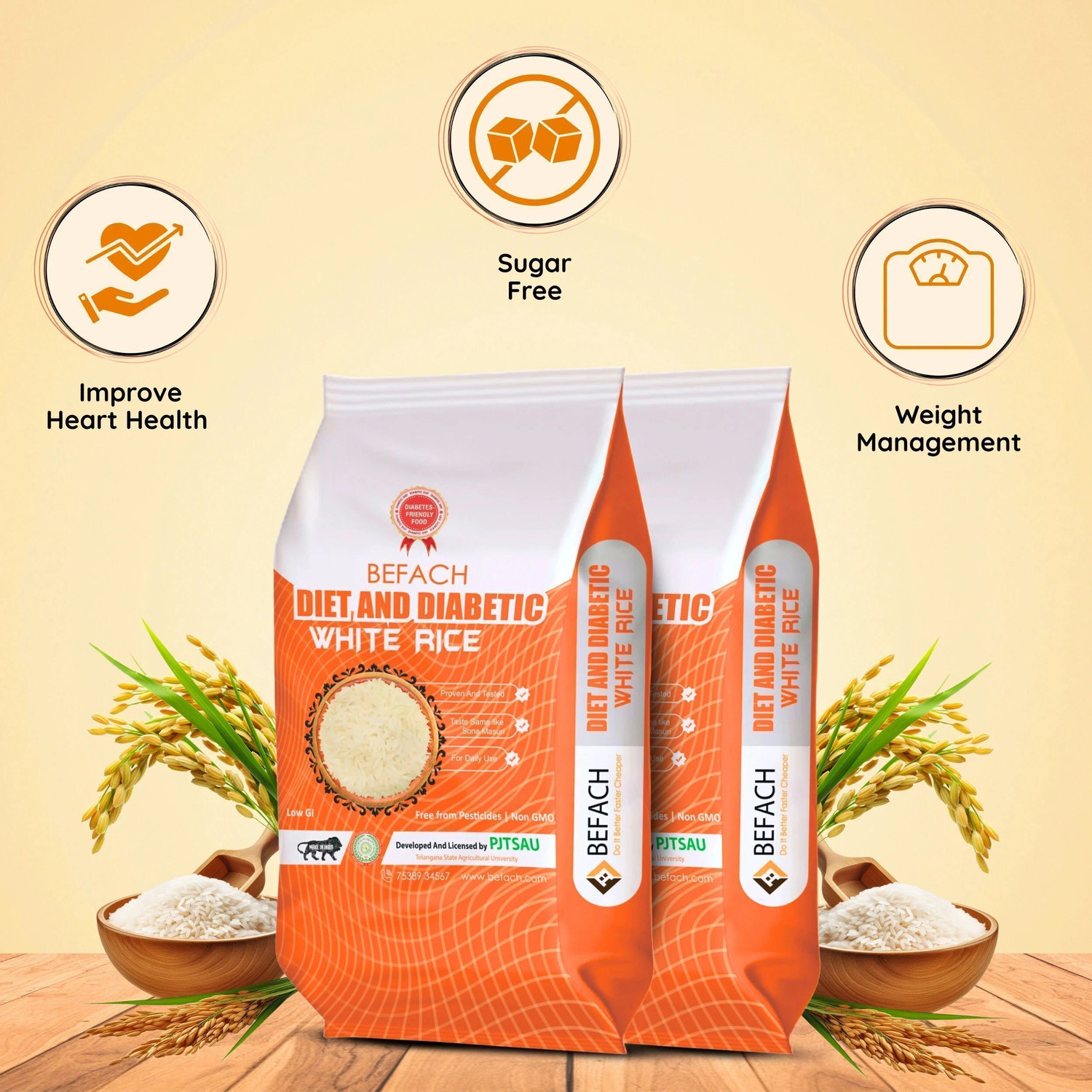 Image of Befach Fortified Low GI White Rice for Sugar Free Weight Loss Everyday Rice (Medium Grain, Polished)