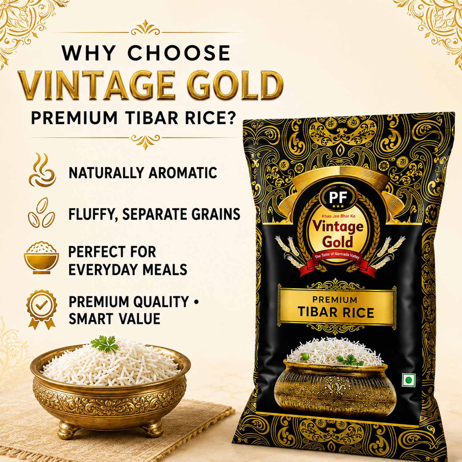 Image of Vintage Gold Premium Everyday Basmati Tibar Rice Rich Aroma Long Grains Cooked Upto 13.4MM* Basmati Rice (Long Grain, Raw)