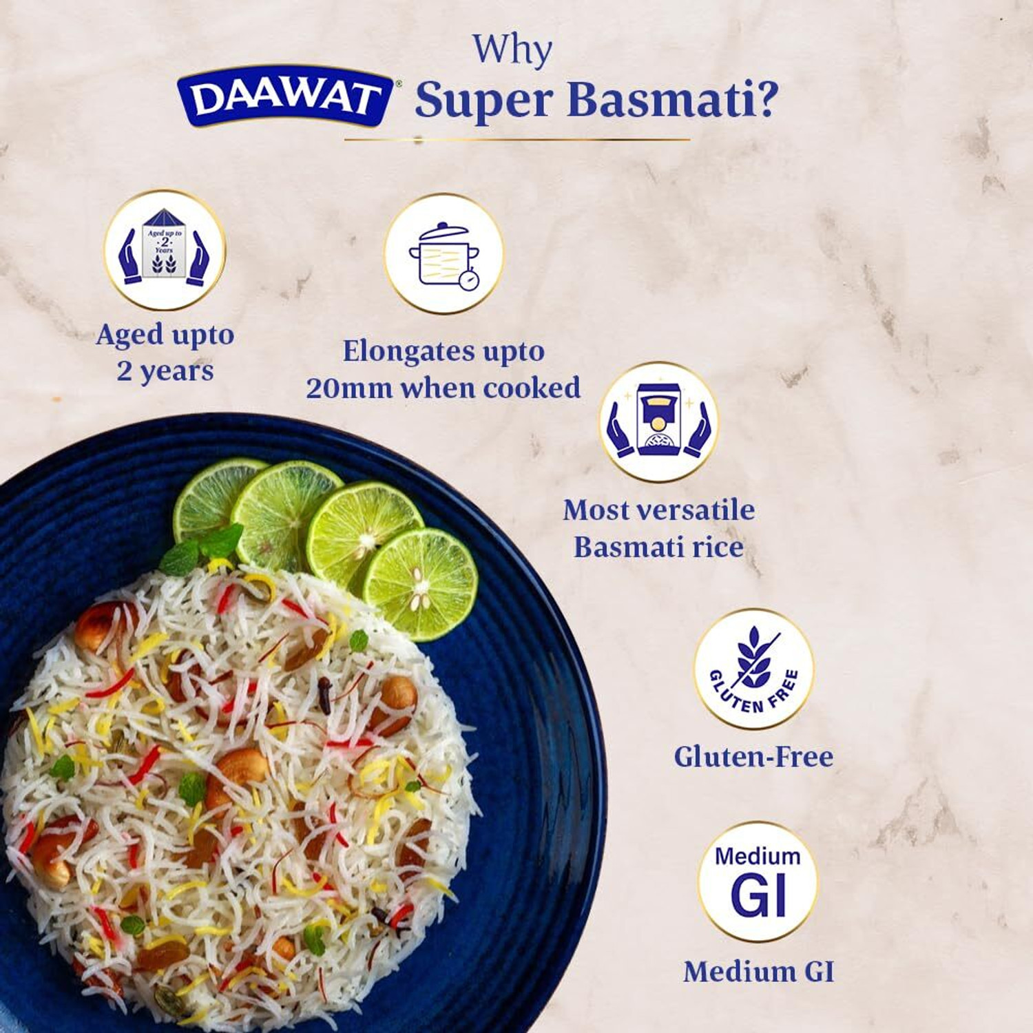 Image of Daawat Super Basmati Rice 1Kg | Fluffy Long Grains| Cooked upto 20mm*|A Basmati Rice (Long Grain, Raw)