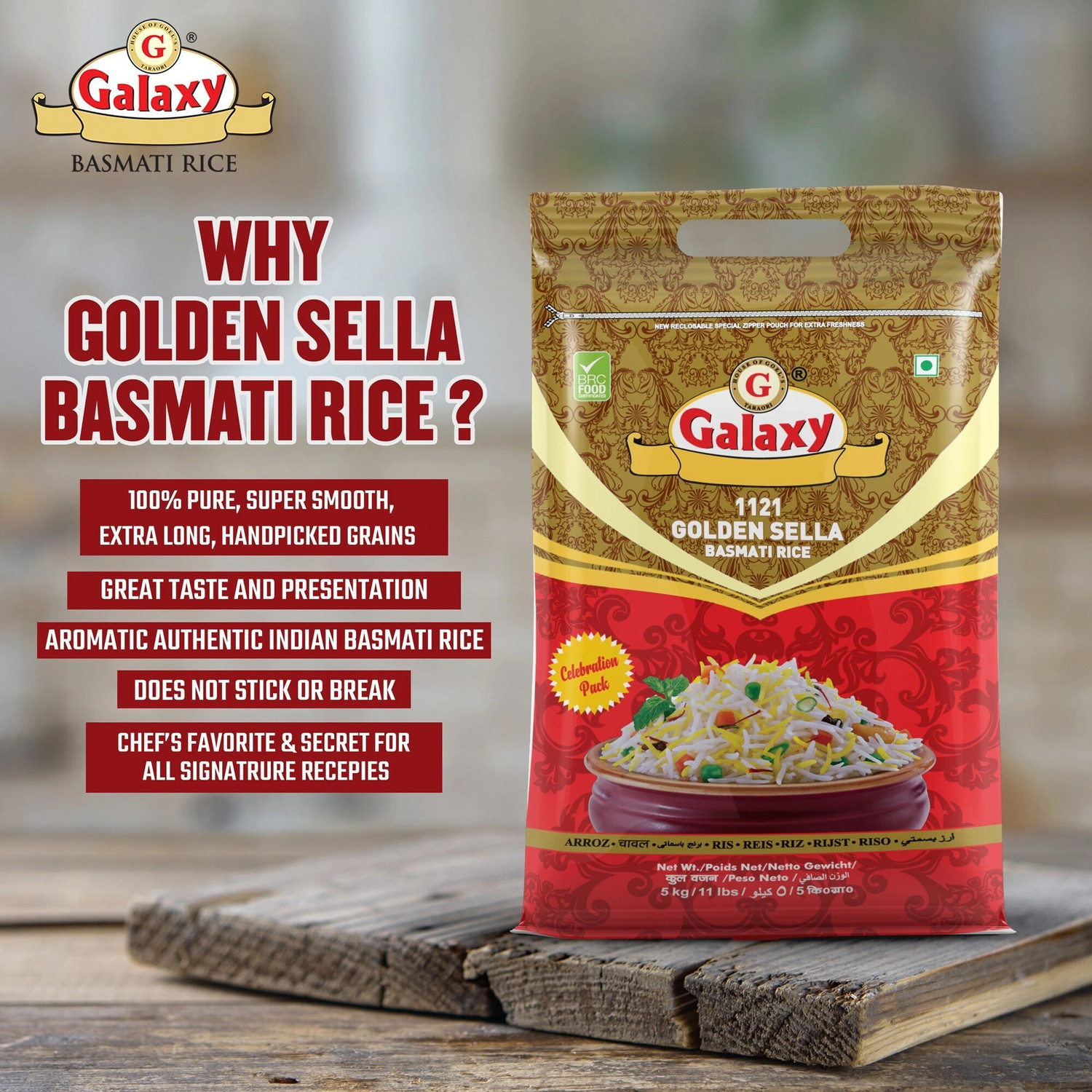 Image of GALAXY 1121 Golden Sella, Aromatic Authentic Aged Biryani Rice, 5 Kg Pack of 2 Basmati Rice (Long Grain)