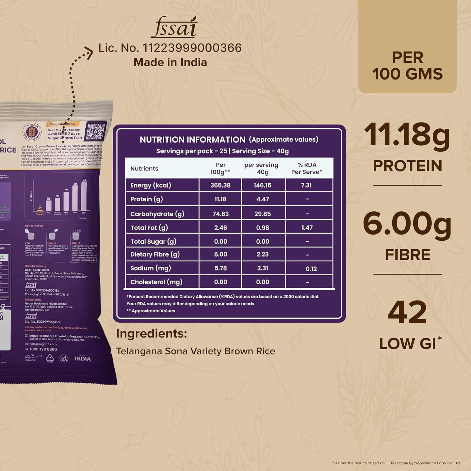 Image of Sugar.fit Sugar Control Low GI Brown Rice | High Fiber | 100% Organic | Diabetes Friendly Brown Sona Masoori Rice (Full Grain, Unpolished) (1 kg)