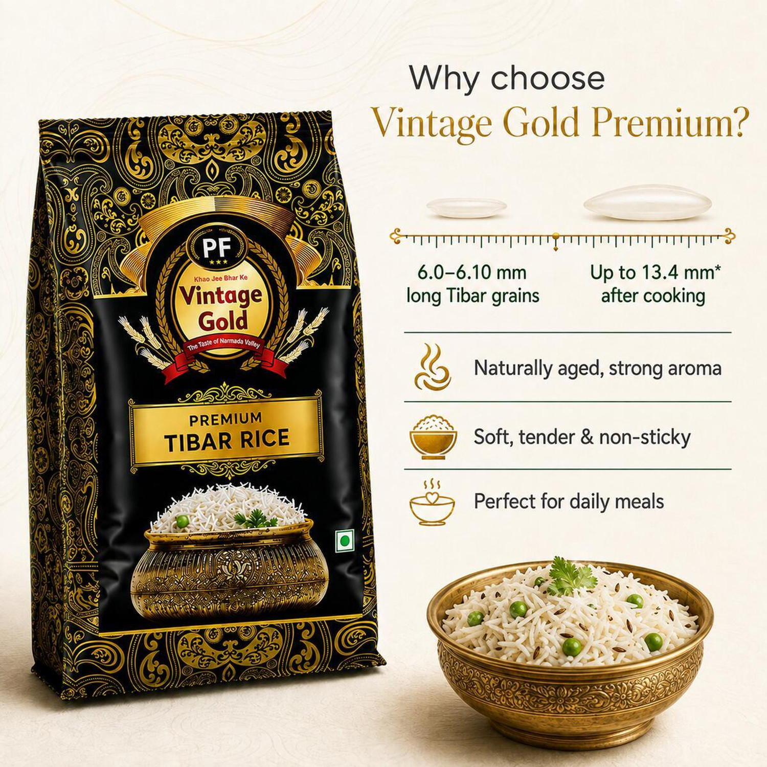 Image of Vintage Gold Premium Everyday Basmati Tibar Rice Rich Aroma Long Grains Cooked Upto 13.4MM* Basmati Rice (Long Grain, Raw)