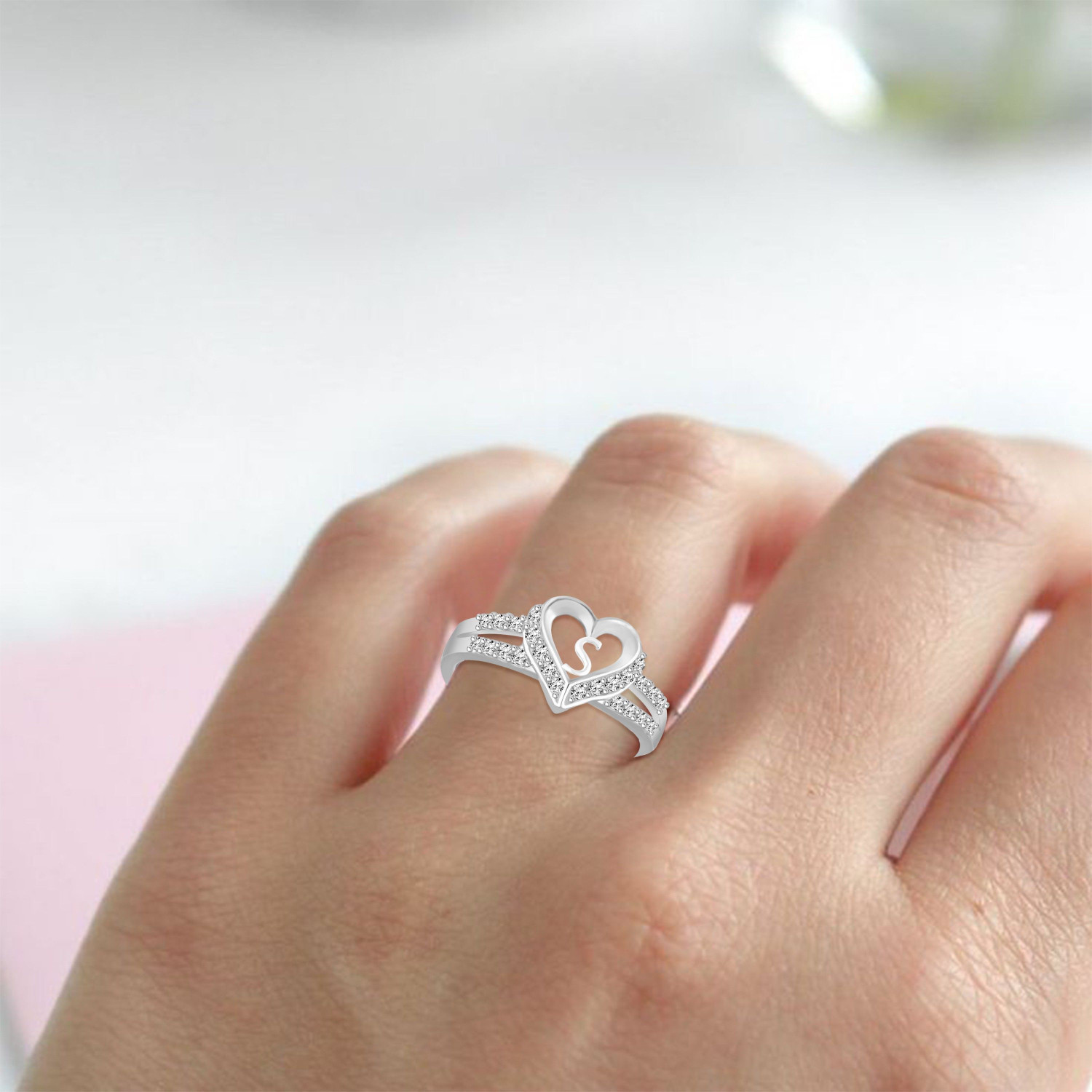 Image of Heer Collection Heart Alphabet 'S' Valentine Promise Propose Engagement Wedding Anniversary Brass, Stainless Steel, Copper, Alloy Cubic Zirconia Silver Plated Ring