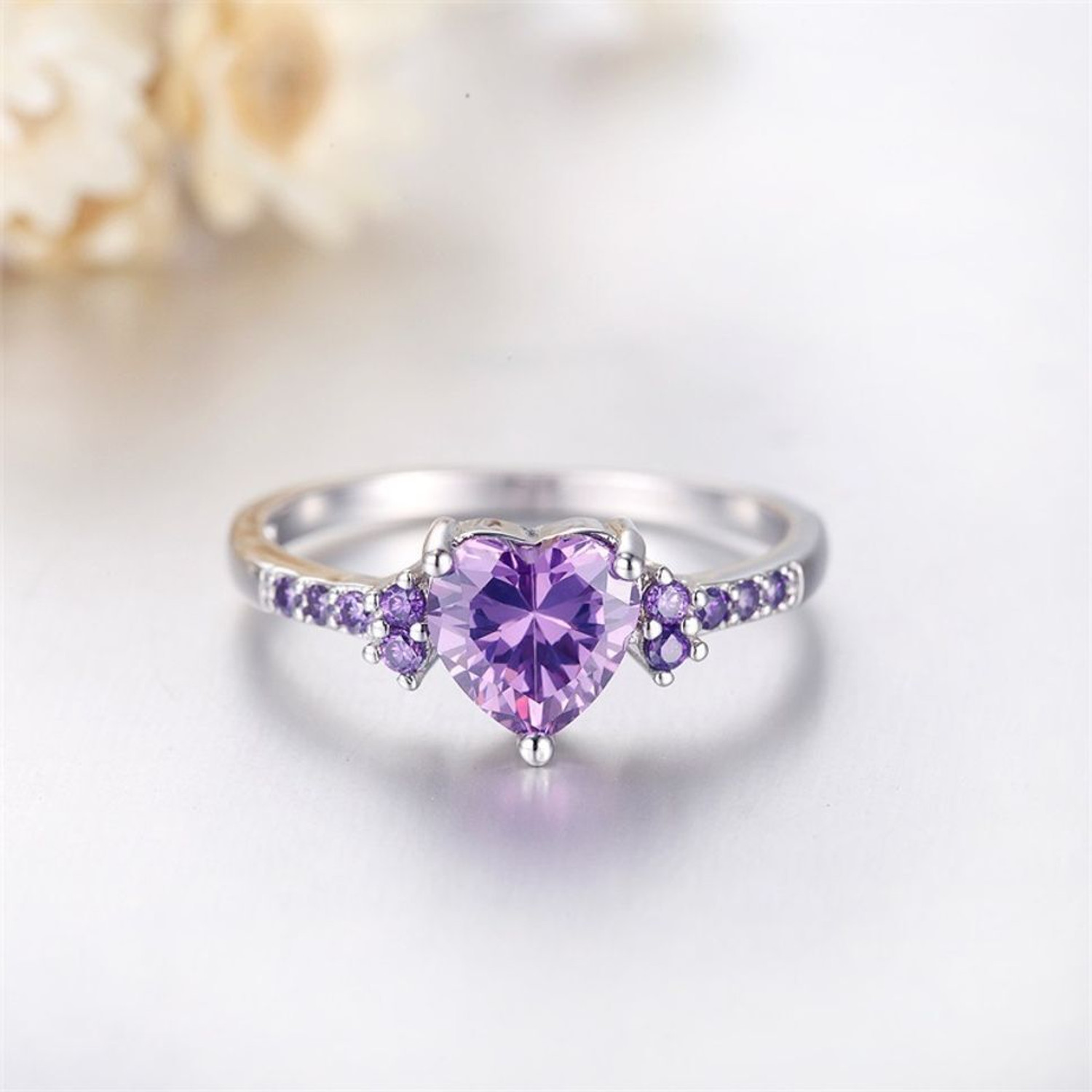 Image of MYKI Purple Heart Ring For Women & Girls Stainless Steel Cubic Zirconia Silver Plated Ring