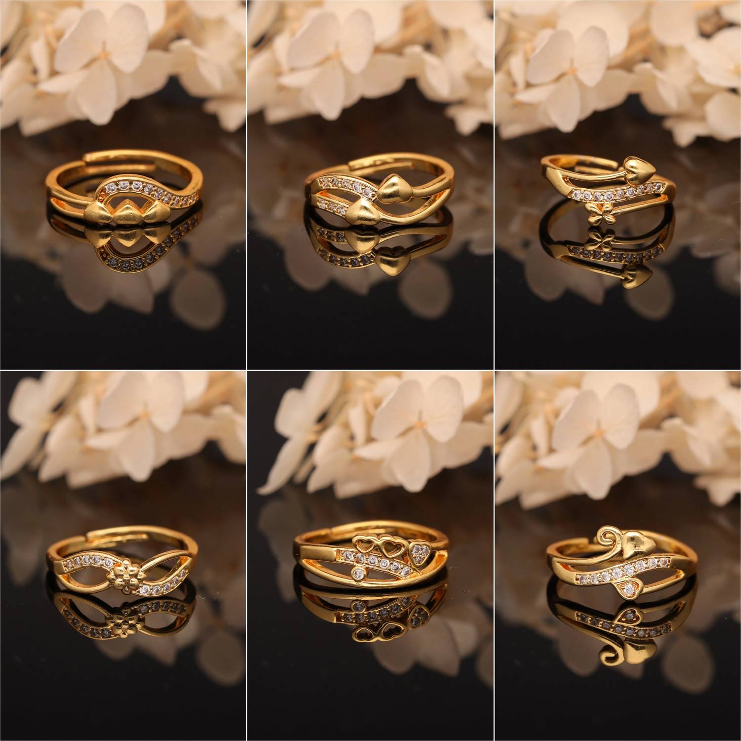 ANOUK Gold-Plated Combo Set of Stylish Adjustable Rings Brass Diamond Gold Plated Ring Set