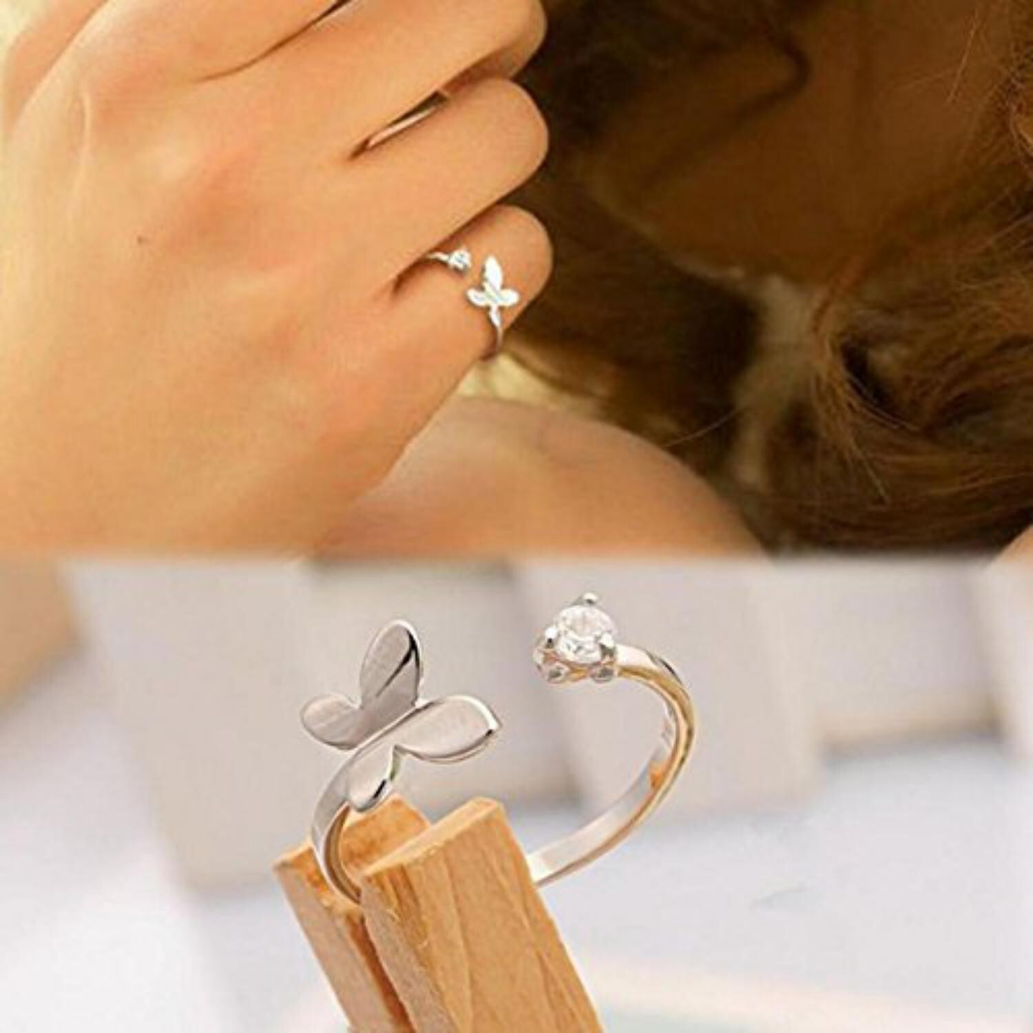 Image of MYKI Bewitching Butterfly Adjustable Ring Stainless Steel Cubic Zirconia Silver Plated Ring