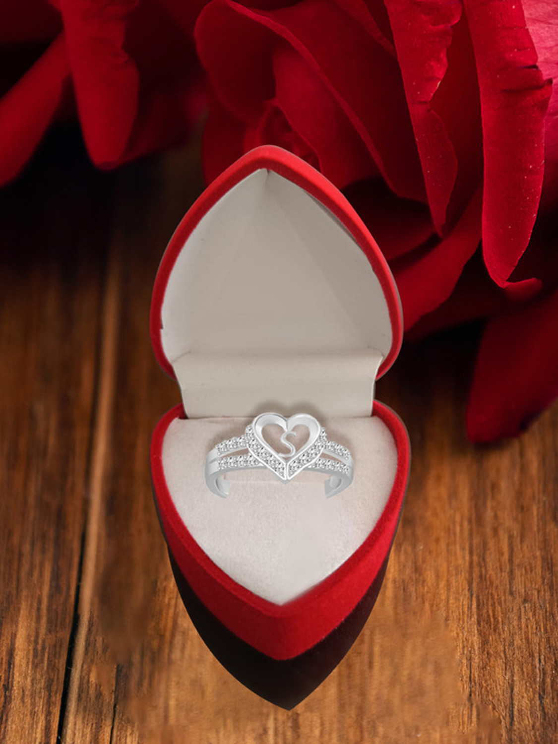 Image of Heer Collection Heart Alphabet 'S' Valentine Promise Propose Engagement Wedding Anniversary Brass, Stainless Steel, Copper, Alloy Cubic Zirconia Silver Plated Ring
