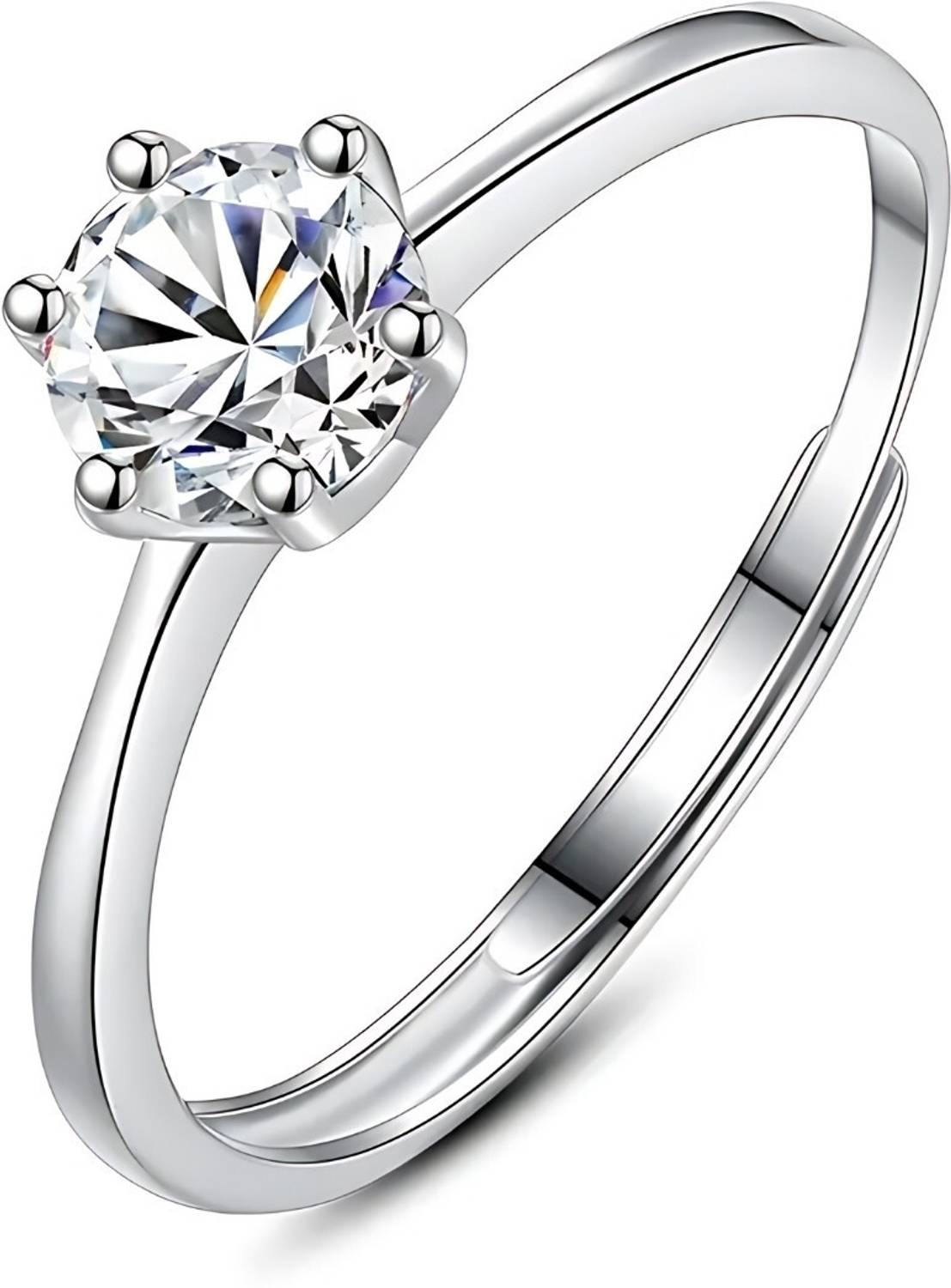 BRD jewelry Solitaire Silver Ring 6 Prong Diamond Adjustable Ring Rhodium Plated Silver Ring Silver Cubic Zirconia Rhodium Plated Ring