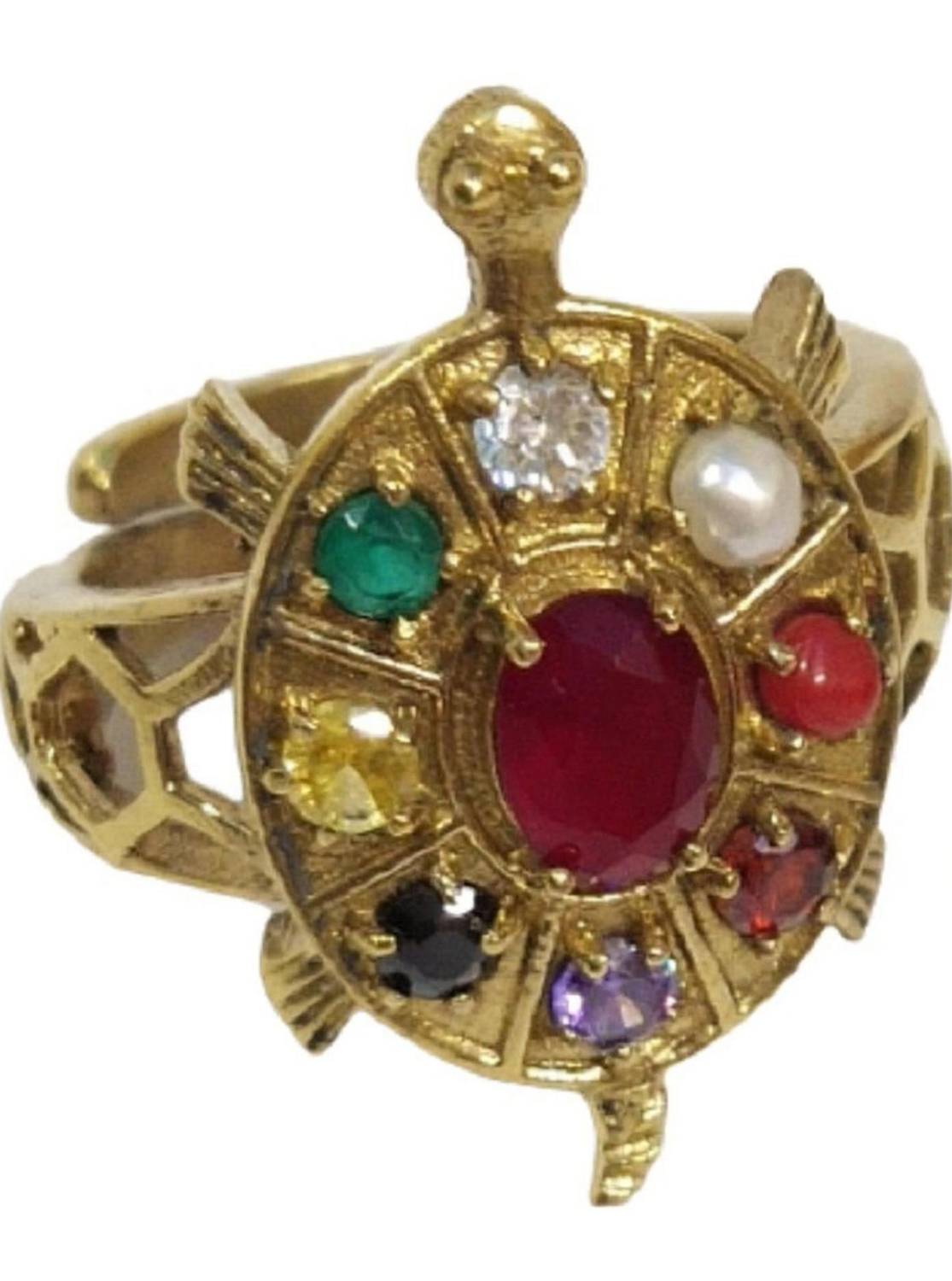 3SIX5 Navratan Kachua Tortoise Meru Ring | Gold Plated Navgreh Adjustable Zircon Ring Brass Zircon Ring