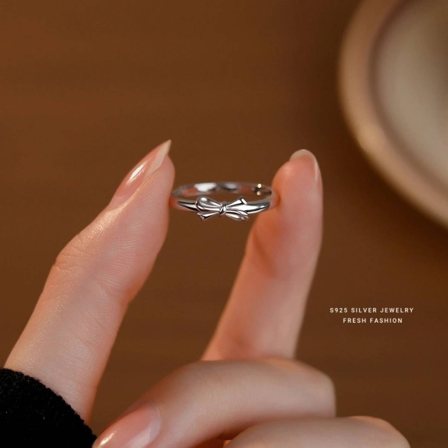 BRD jewelry Silver Cute Bow Ring Adjustable Silver Ring For Women & Girls Rhodium Plated Sterling Silver Rhodium Plated Ring