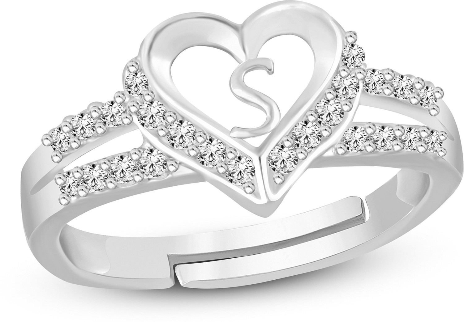 Image of Heer Collection Heart Alphabet 'S' Valentine Promise Propose Engagement Wedding Anniversary Brass, Stainless Steel, Copper, Alloy Cubic Zirconia Silver Plated Ring