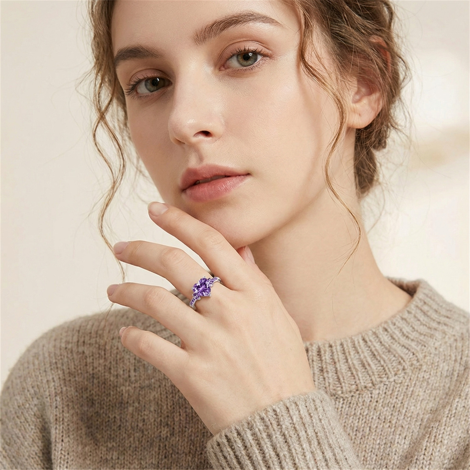 Image of MYKI Purple Heart Ring For Women & Girls Stainless Steel Cubic Zirconia Silver Plated Ring