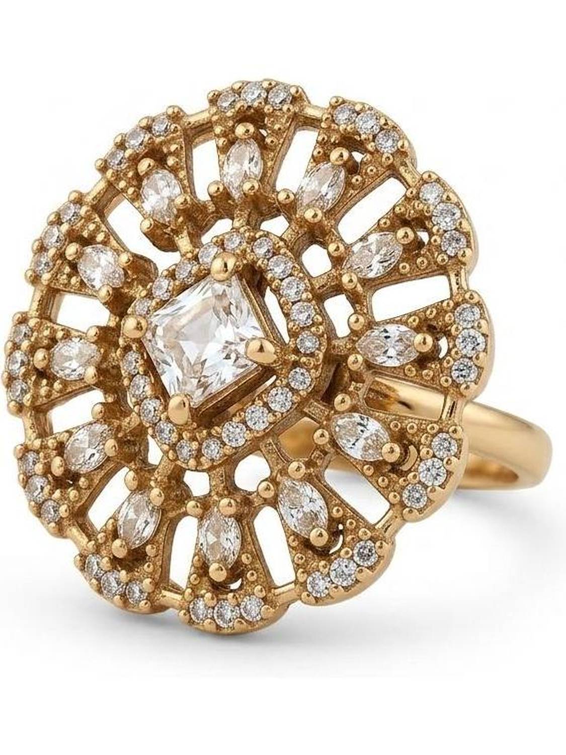 Aaiku Mehndi Polish Gold-Plated American Diamond Floral Adjustable Finger Ring Brass Enamel, Rhodium Plated Ring